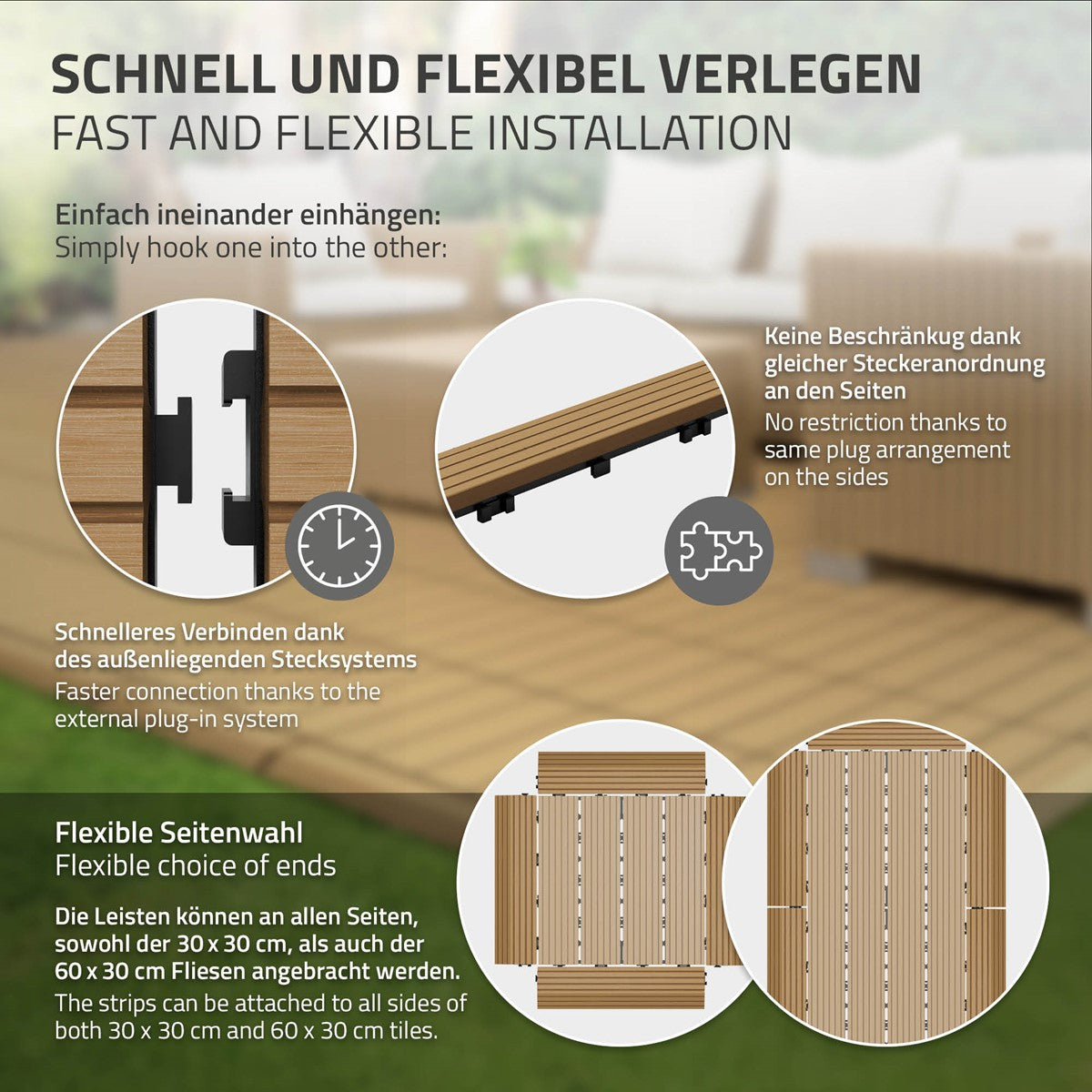 Verlegeanleitung für Terrassendielen mit Stecksystem und flexibler Seitenwahl.