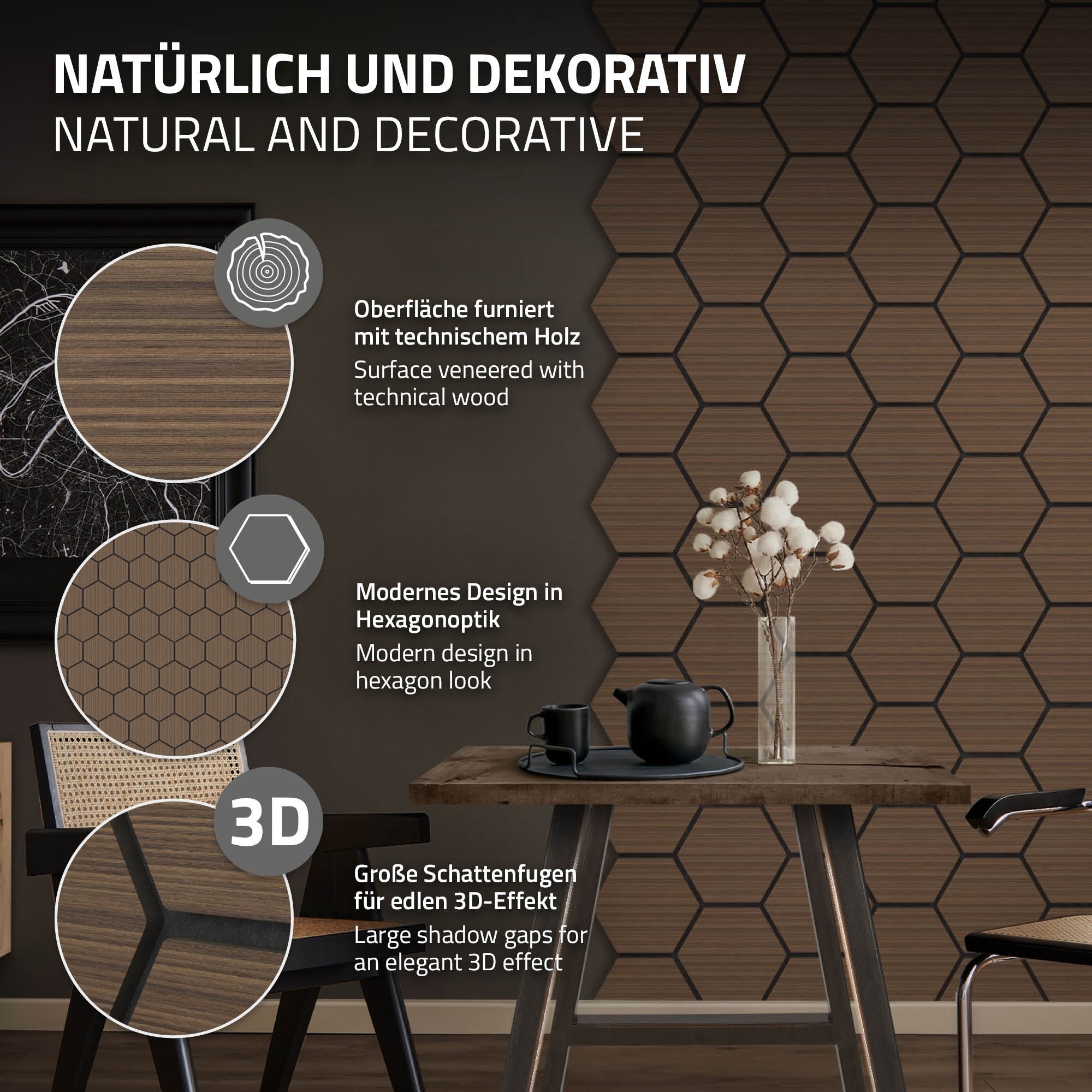 Holzpaneele in Hexagon-Optik, Tisch mit Dekoration im Hintergrund.