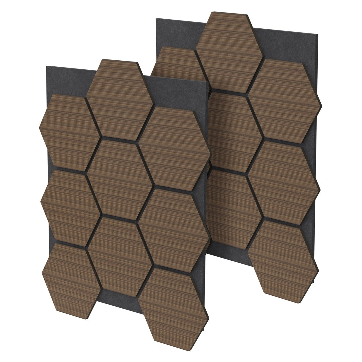 Zwei Wände mit sechseckigen Holzpaneelen in verschiedenen Brauntönen.