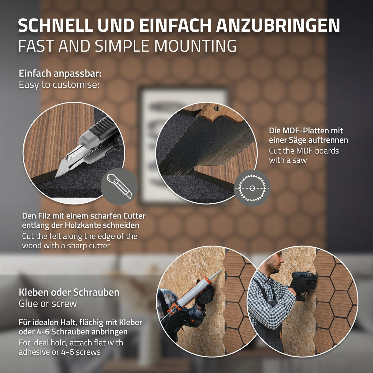 Anleitung zum Anbringen von MDF-Platten mit Werkzeug und Kleber.