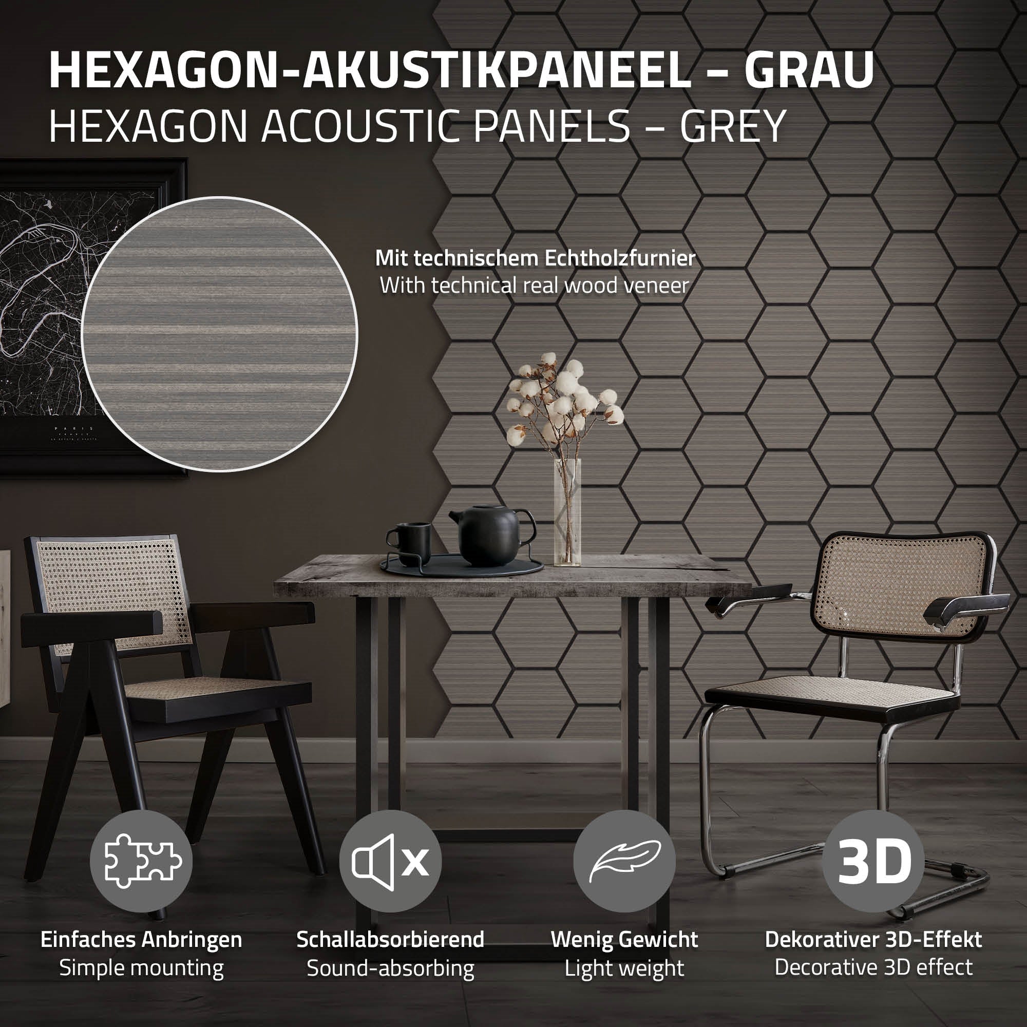 Graue Hexagon-Akustikpaneele an einer Wand, Tisch und Stühle im Raum.