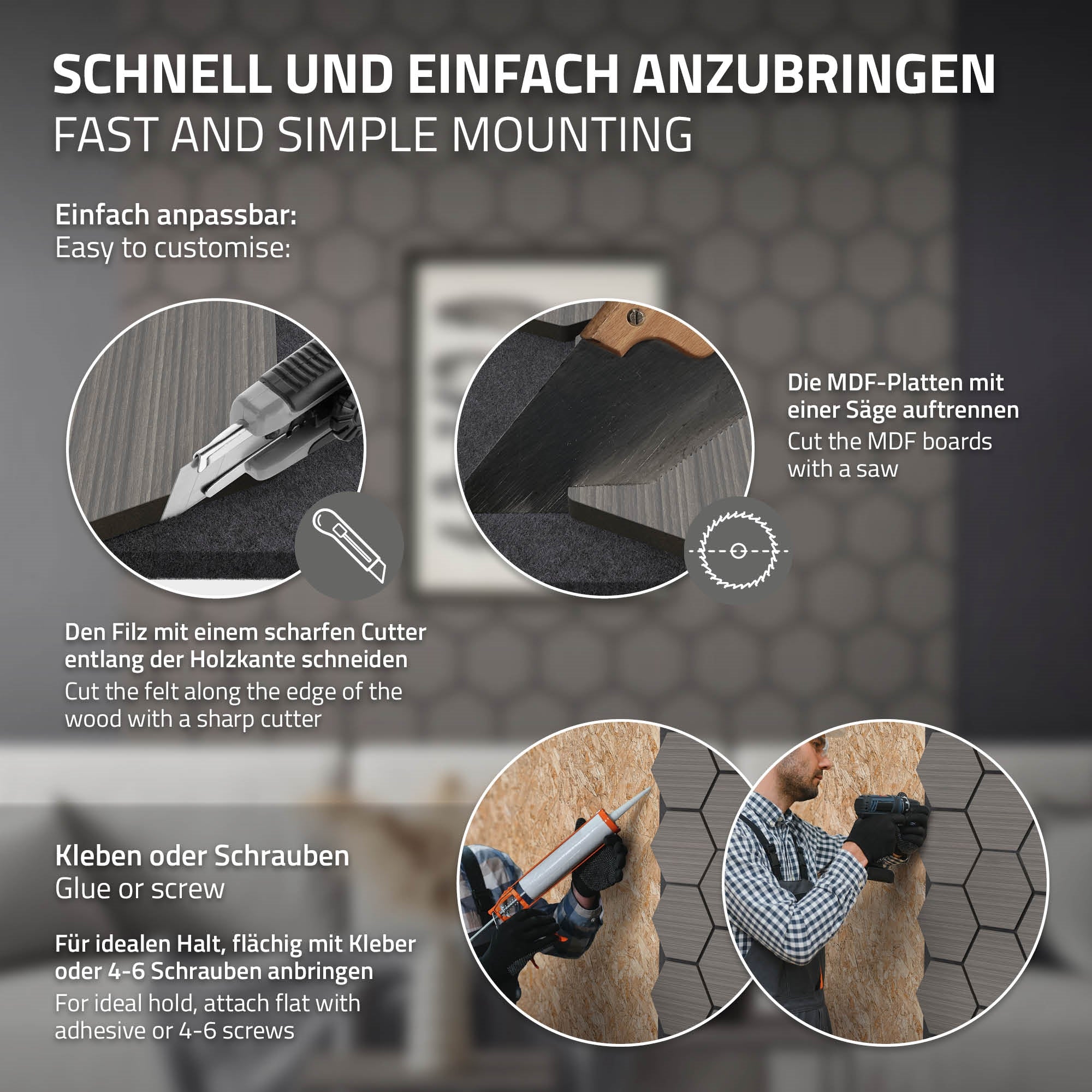 Anleitung zum Anbringen von MDF-Platten mit Werkzeugen.