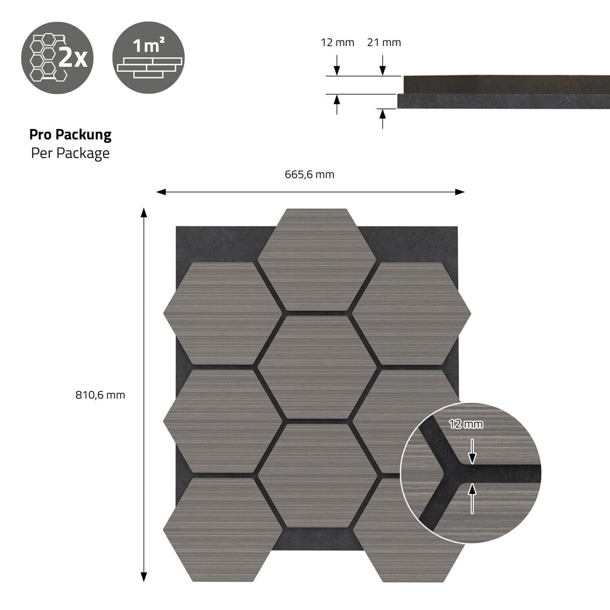 Grafik mit Abmessungen und Details zu Fliesen in hexagonaler Form.