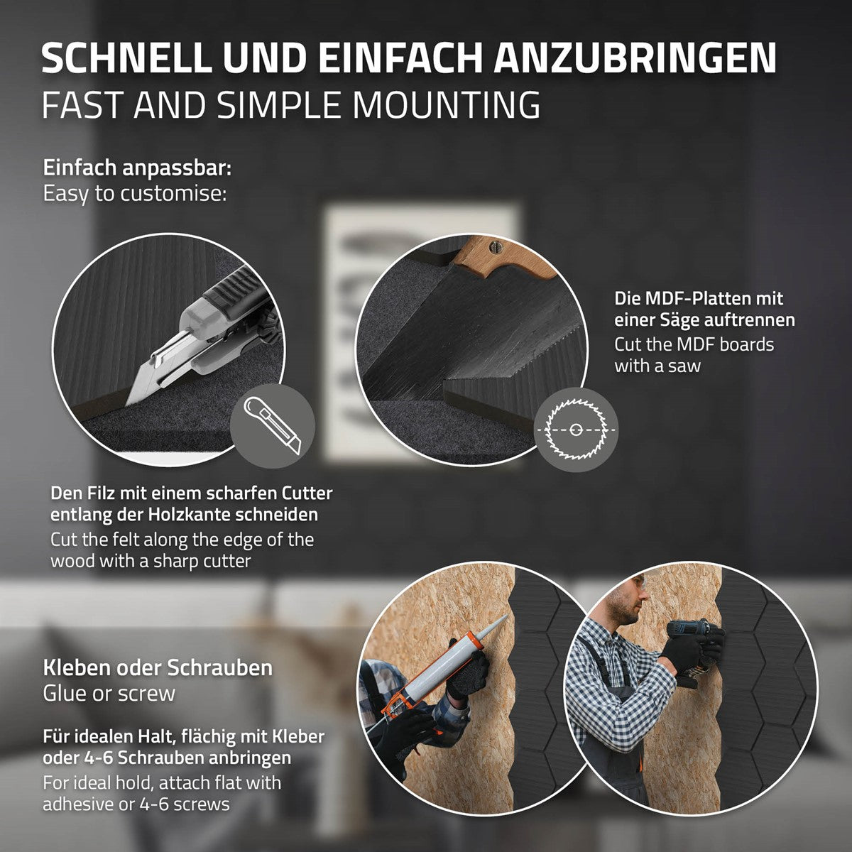 Anleitung zum Anbringen von MDF-Platten mit Cutter und Schrauben.