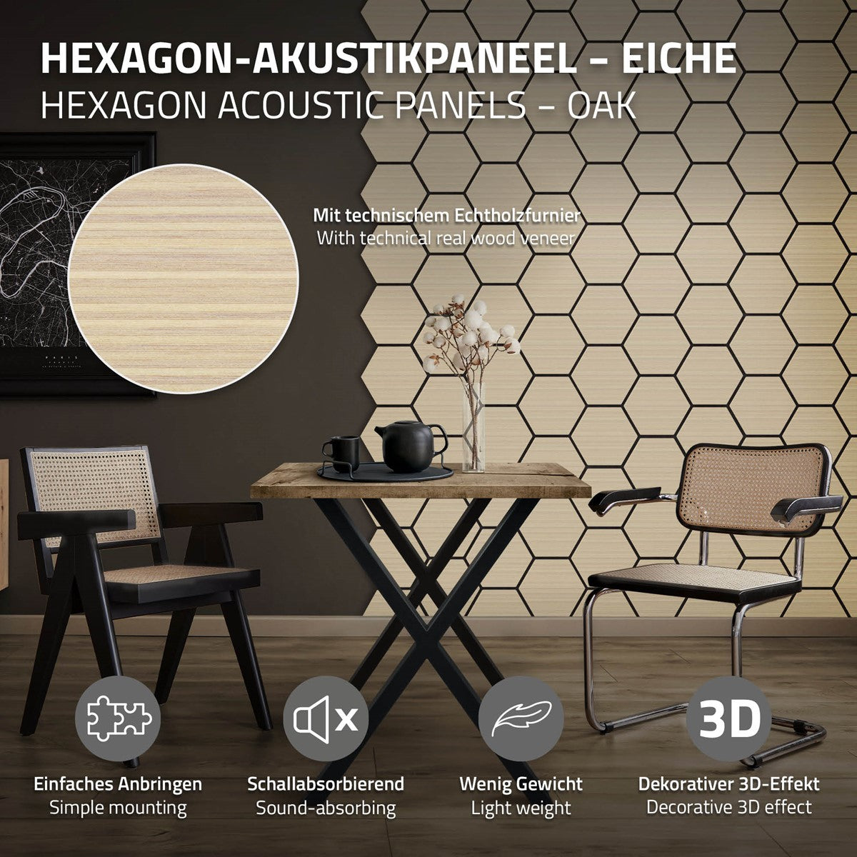 Hexagon-Akustikpaneel aus Eiche mit Holzfurnier, Tisch und Stühlen im Raum.