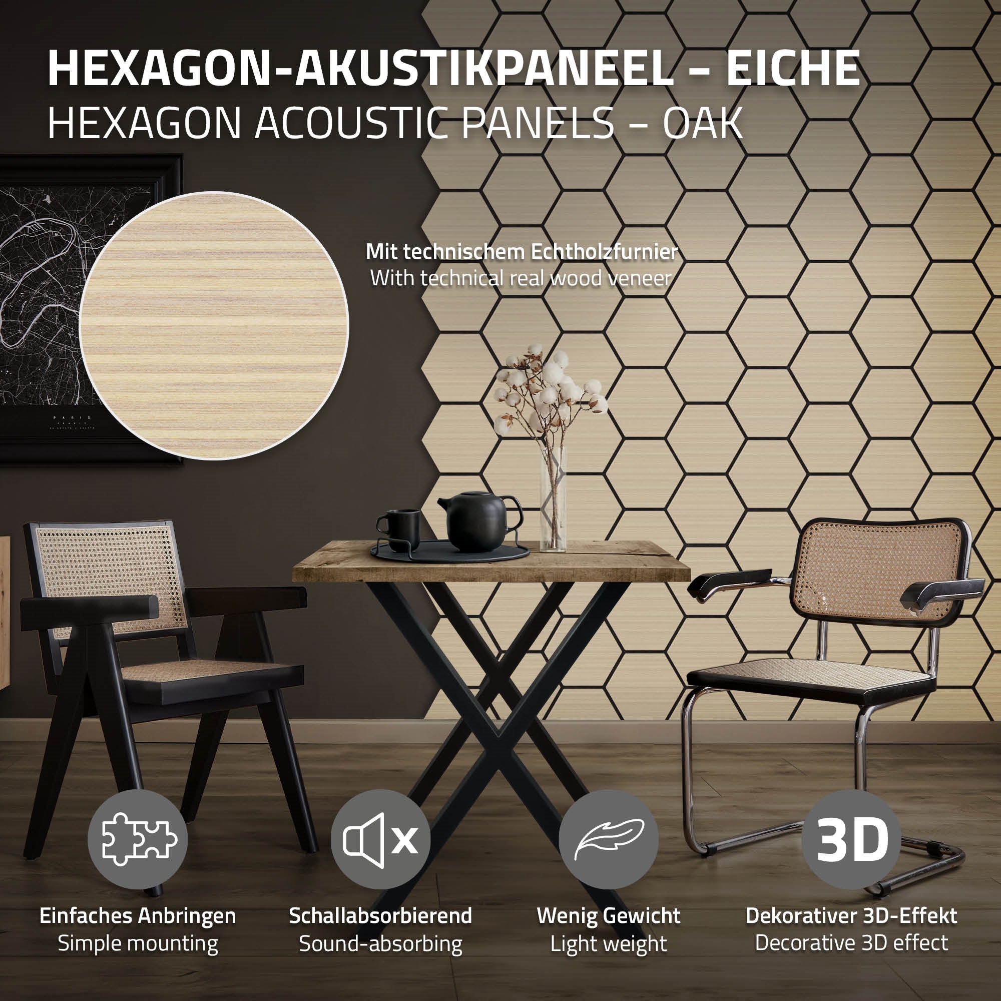 Hexagon-Akustikpaneel aus Eiche mit Holzfurnier, Tisch und Stühlen im Raum.