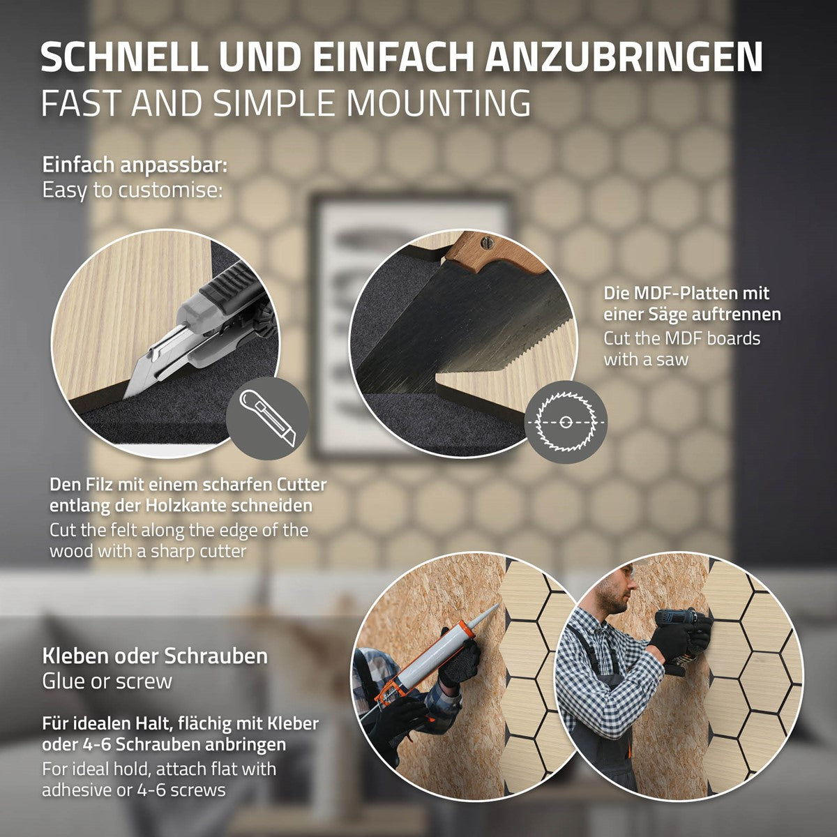 Grafik zur Montage eines MDF-Teils mit Werkzeugen.