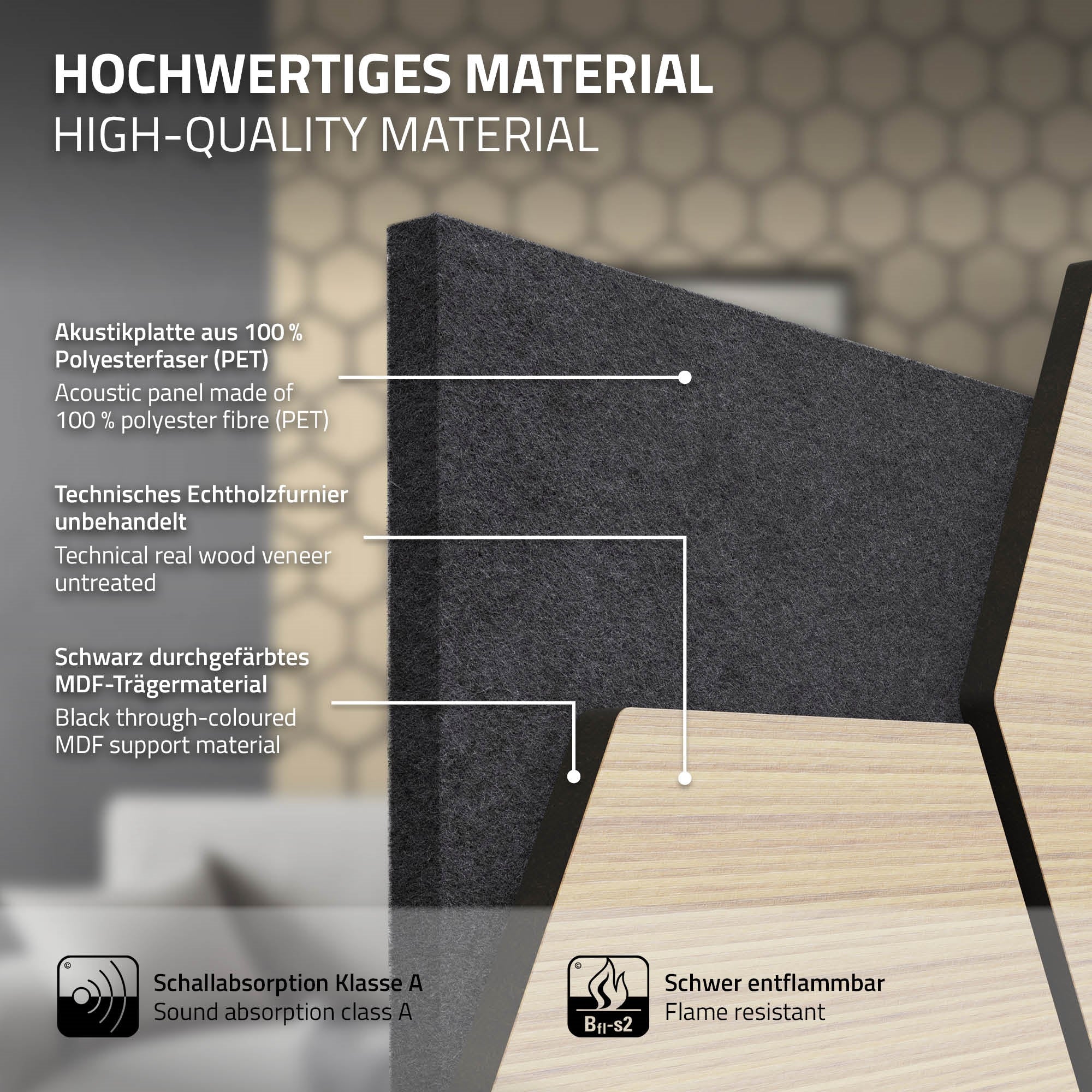 Informace o produktu o materiálech a vlastnostech na obrázku.