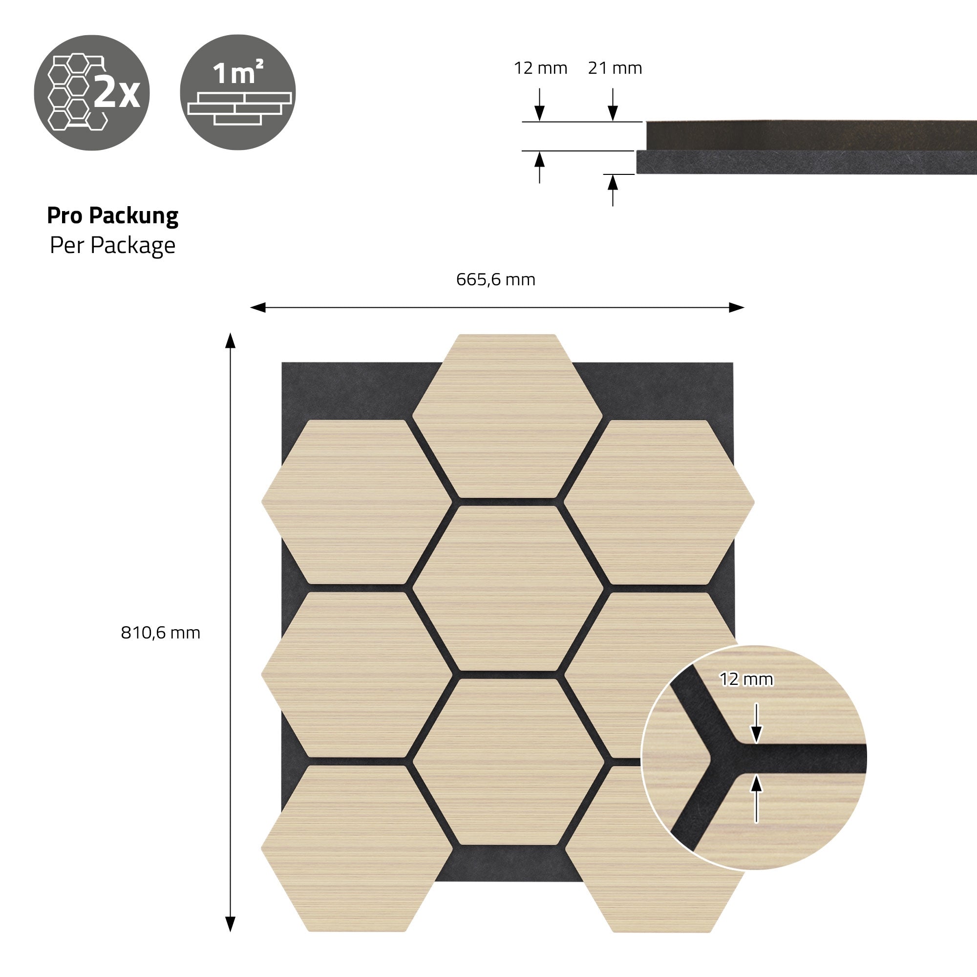 Podrobnosti o balení pro hexagonální desky, rozměry a počet kusů na balení.