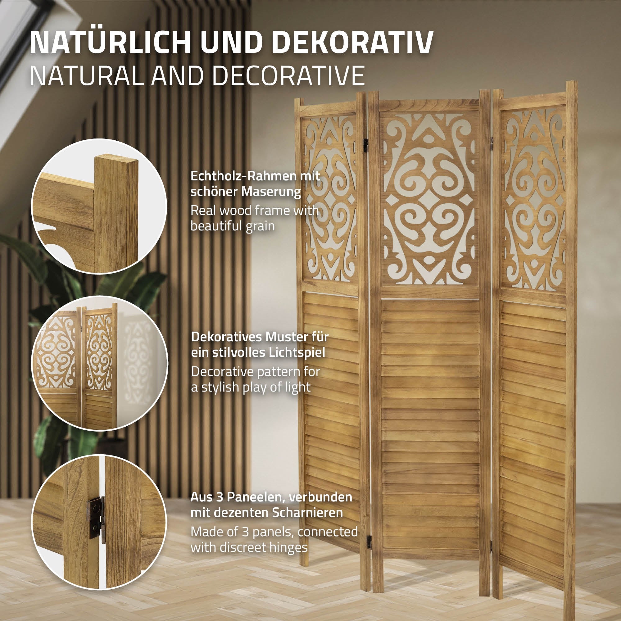 Raumteiler aus Holz mit dekorativem Muster und drei Paneelen.