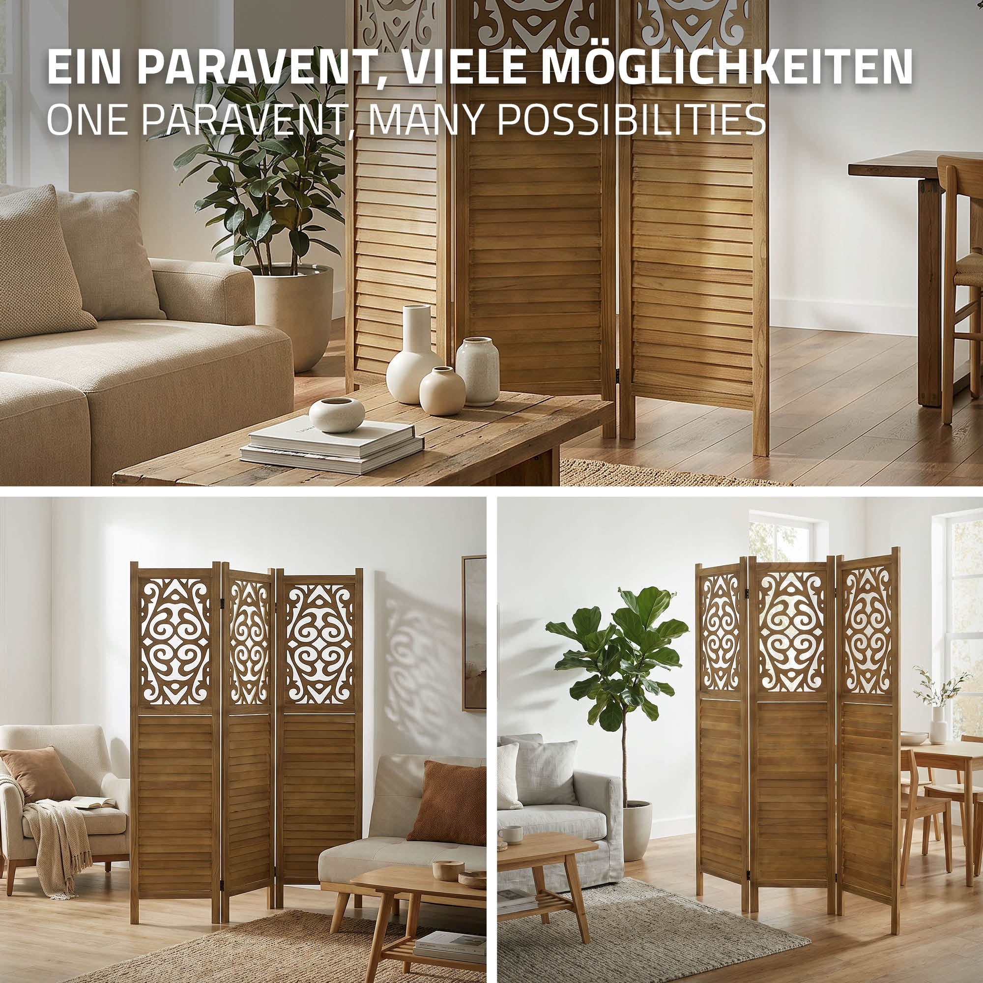 Drei Ansichten eines Holzparavents in einem Wohnraum.