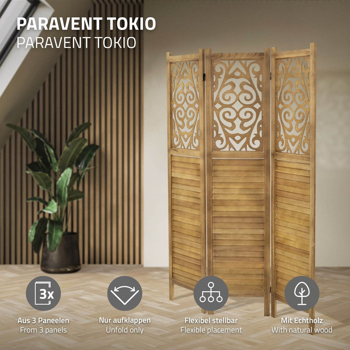 Parawan Tokio złożony z trzech paneli o falistym wzornictwie.