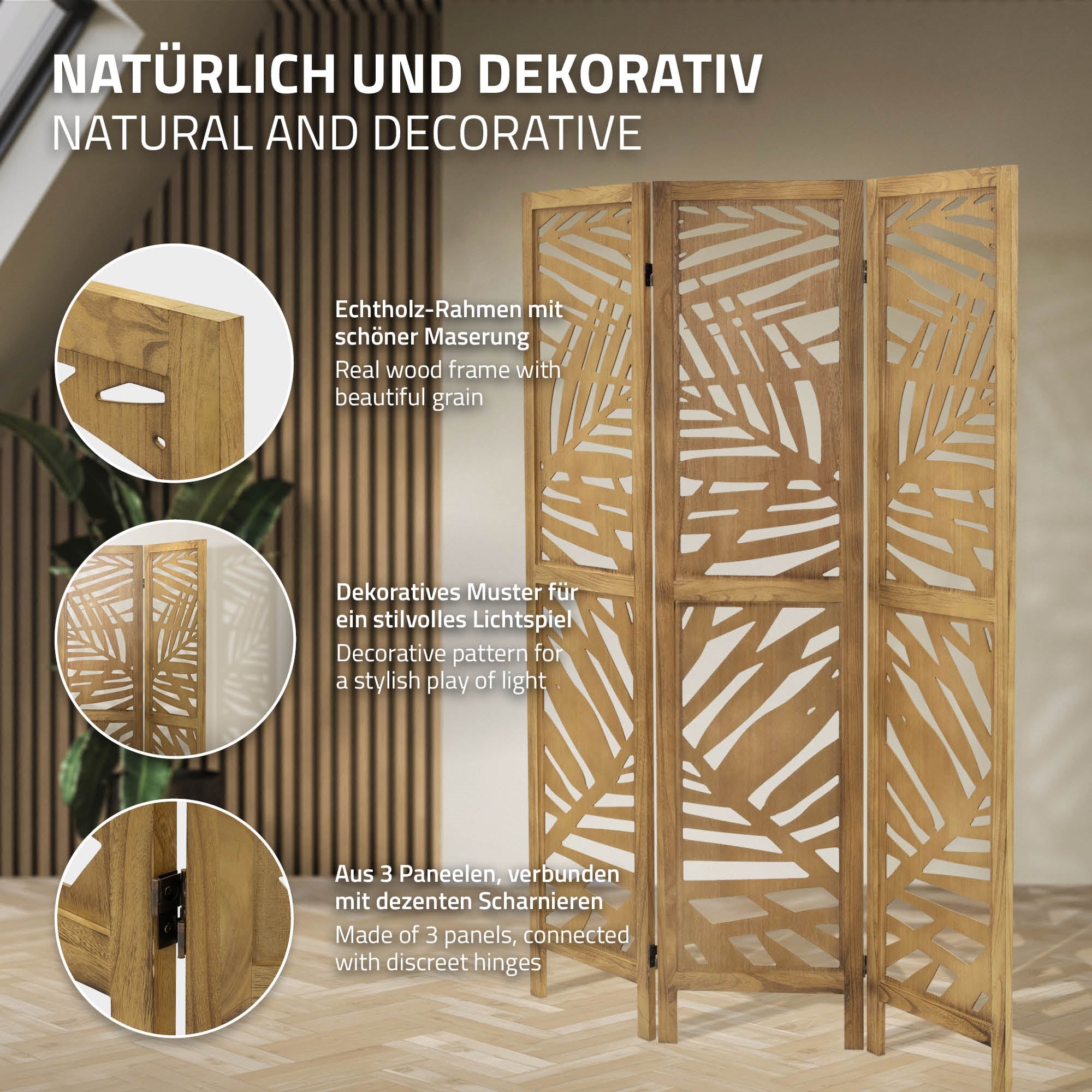Raumteiler aus Holz mit stilvollem Muster und echtem Holzrahmen.