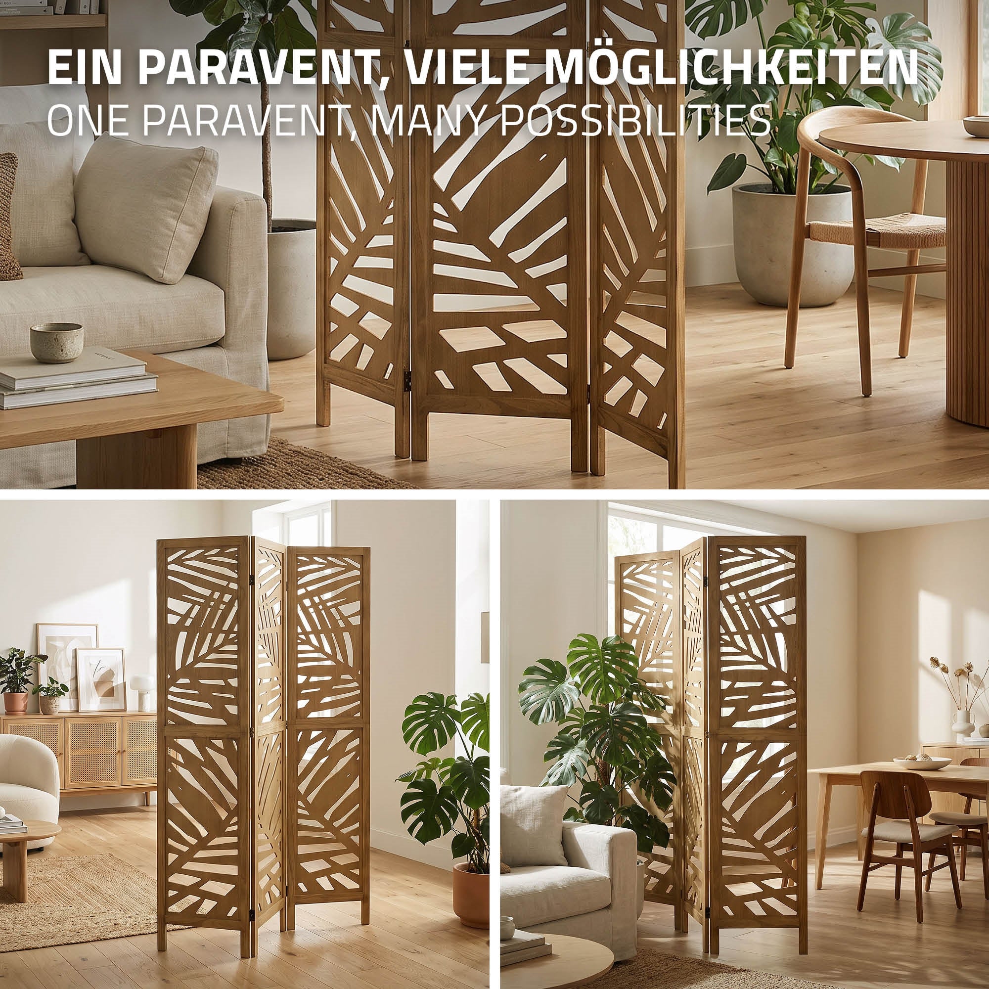 Paravent in einem Raum mit Pflanzen und Möbeln, zeigt verschiedene Nutzungsmöglic