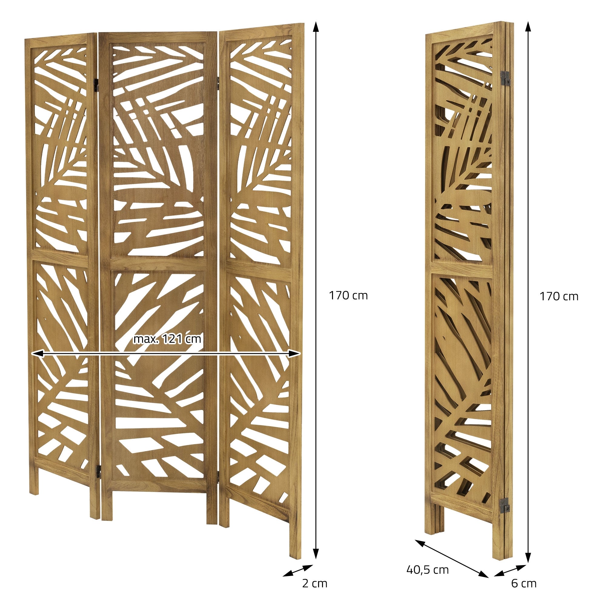 Maßzeichnung eines Holzparavents mit Blattmuster.