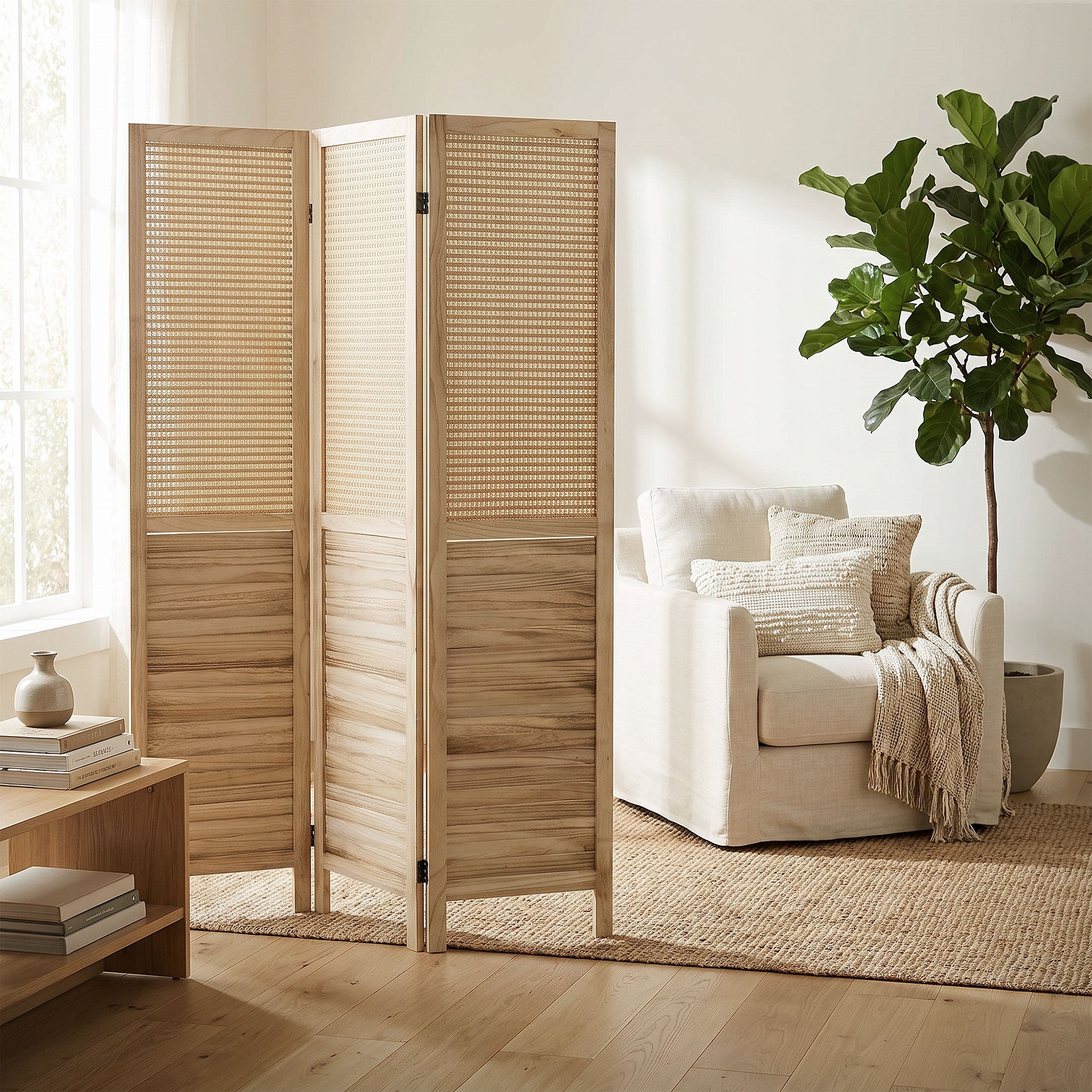 Raumteiler aus Holz in einem hellen Raum mit Pflanzen und Sofa.