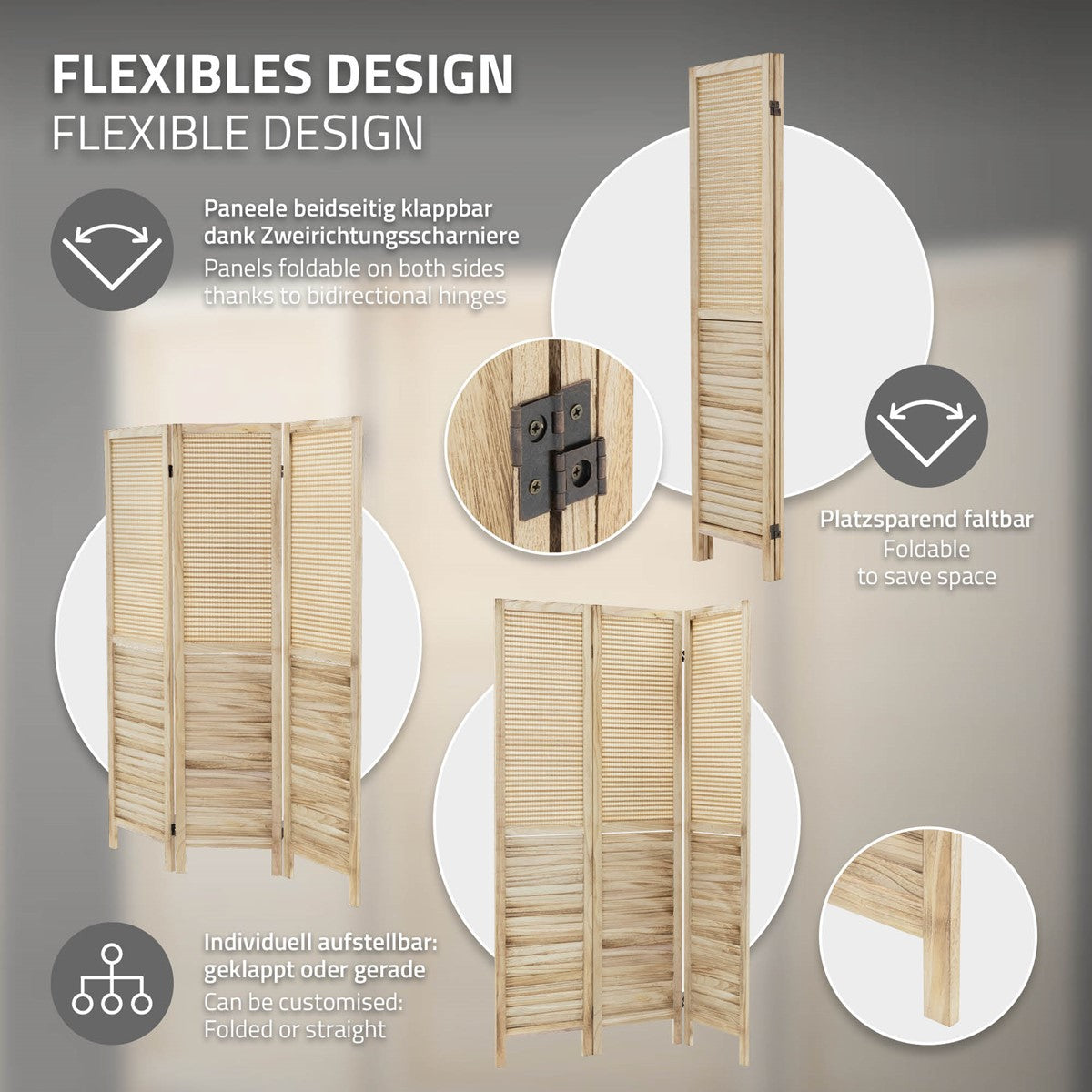 Grafik mit einem faltbaren Paravent und seinen flexiblen Designmerkmalen.
