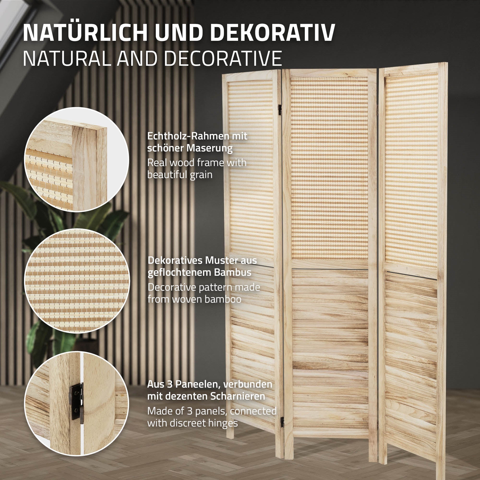 Raumteiler aus Holz mit dekorativem Muster und drei Paneelen.