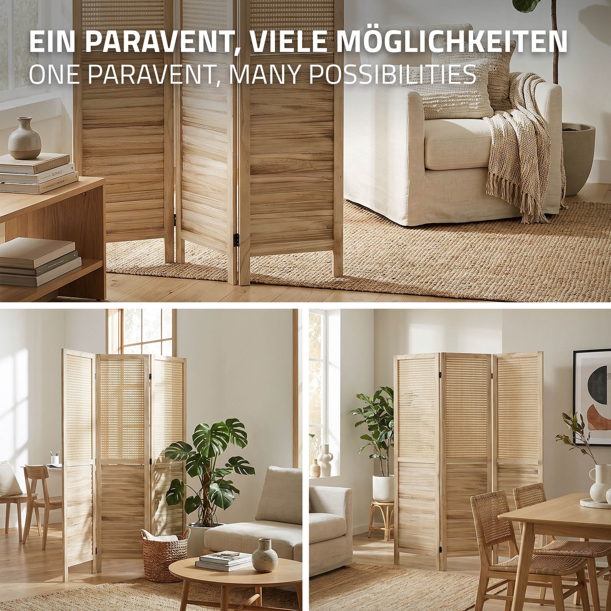 Drei Ansichten eines Holzparavents in einem Wohnraum.