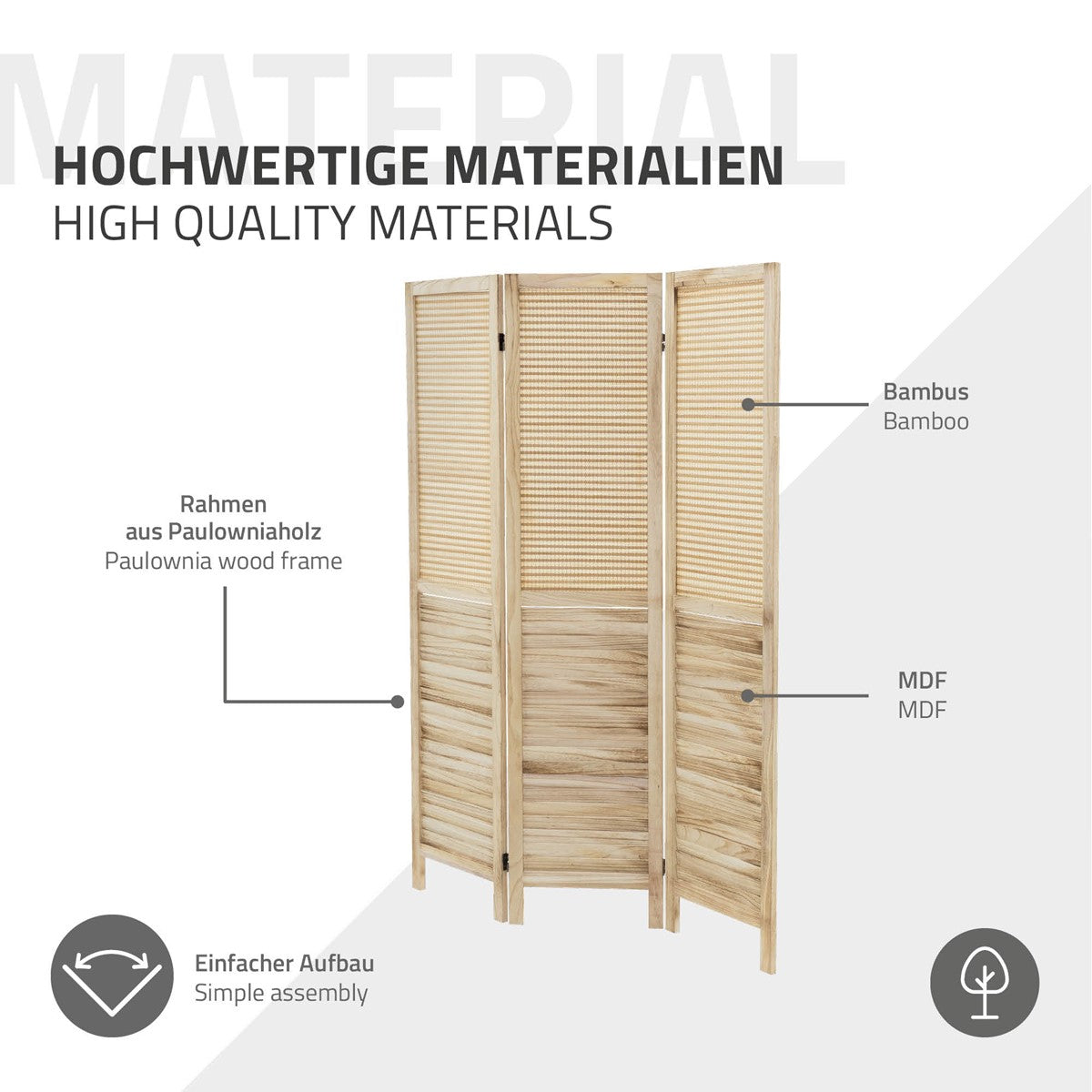 Raumteiler aus Paulowniaholz mit horizontalen Lamellen, einfacher Aufbau.