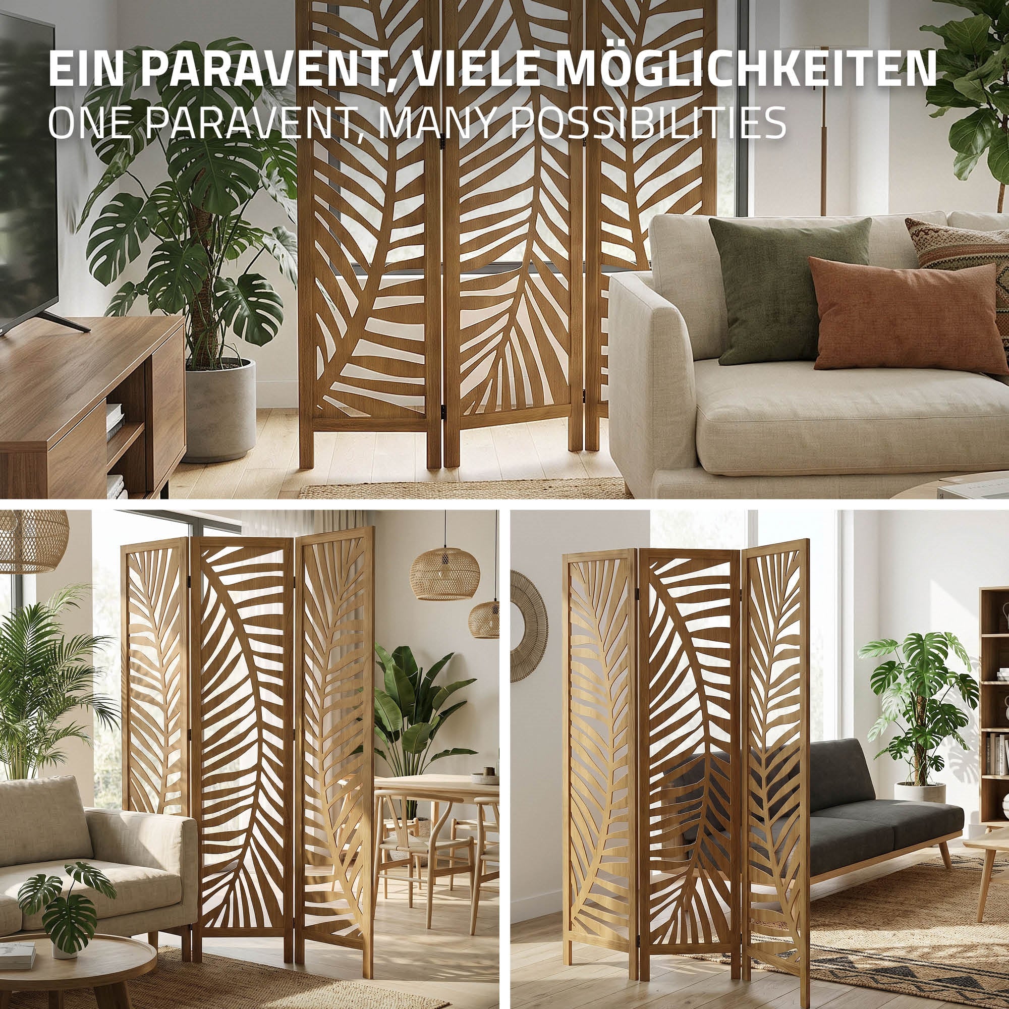 Paravent aus Holz in einem modernen Wohnraum mit Pflanzen.