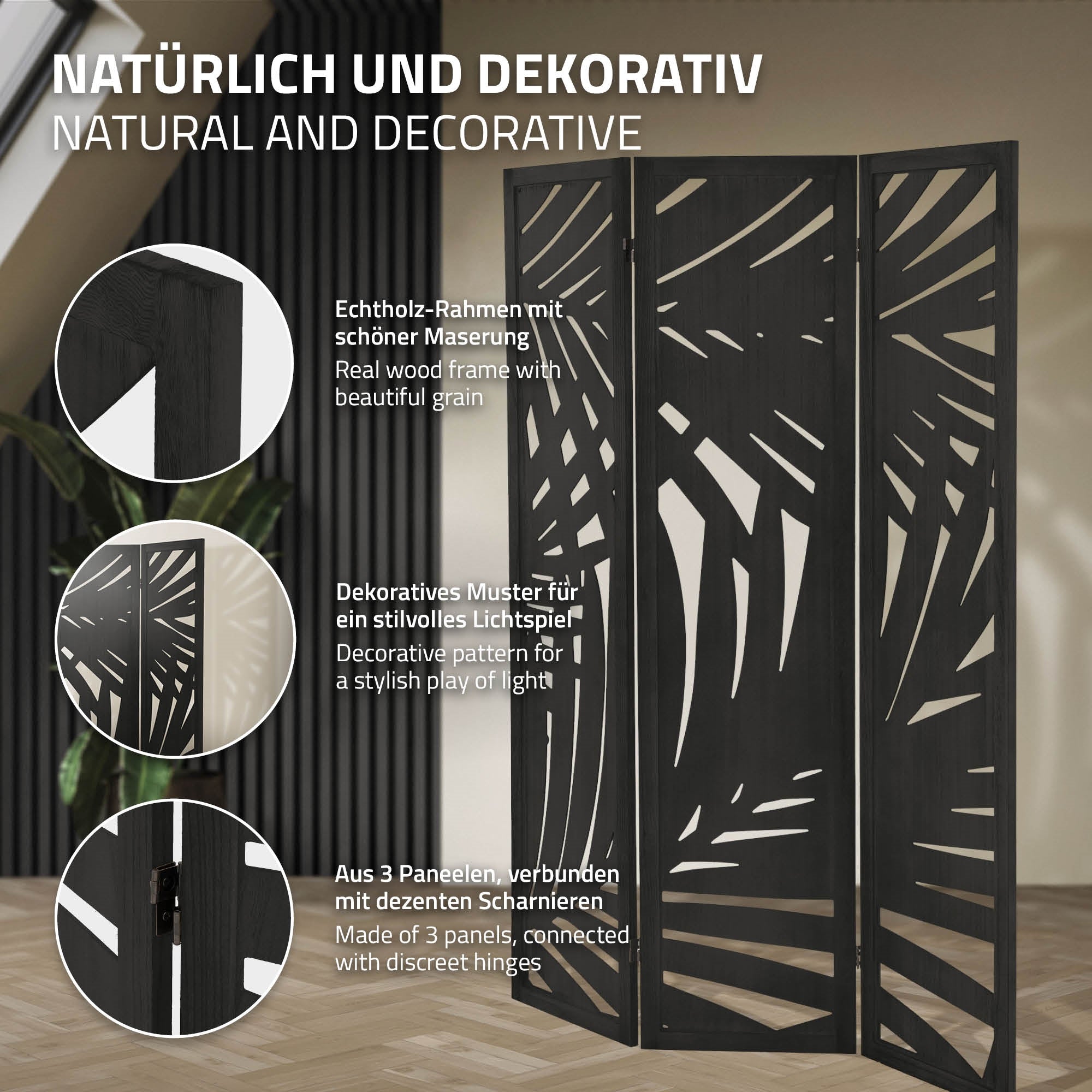 Ein schwarzer Raumteiler mit dekorativem Muster und Informationen zu Materialien.