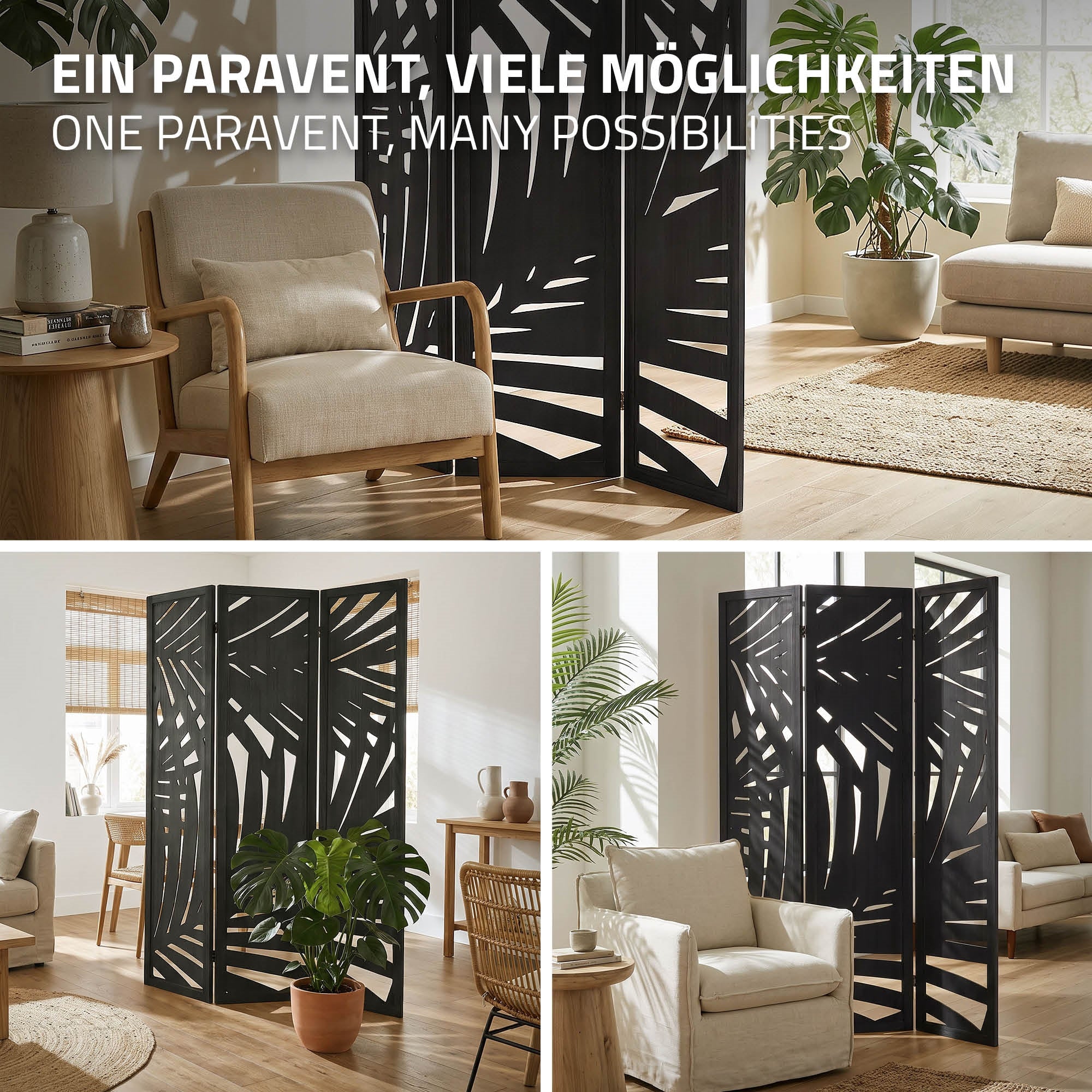 Drei Bilder eines Raumteilers mit Pflanzenmotiven in einem hellen Raum.