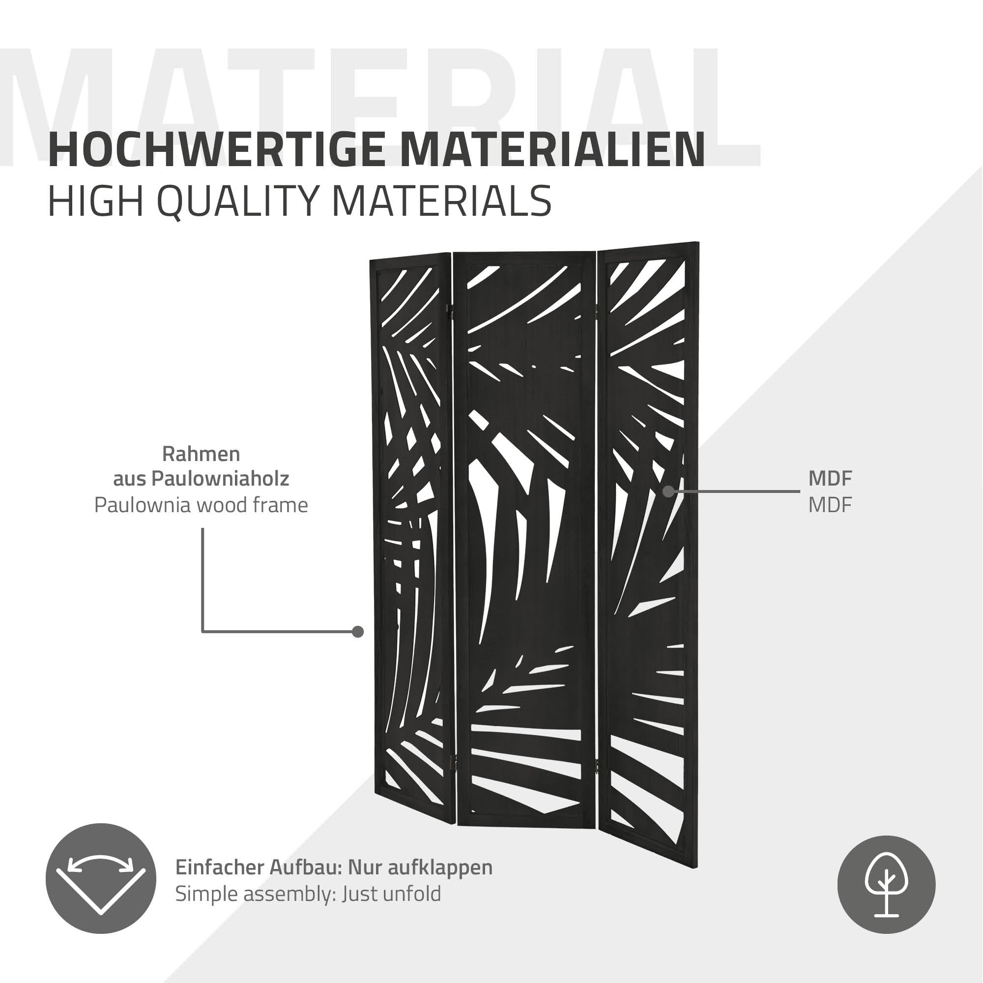 Ein Paravent mit einem modernen Design aus schwarzem MDF in einem hellen Raum.