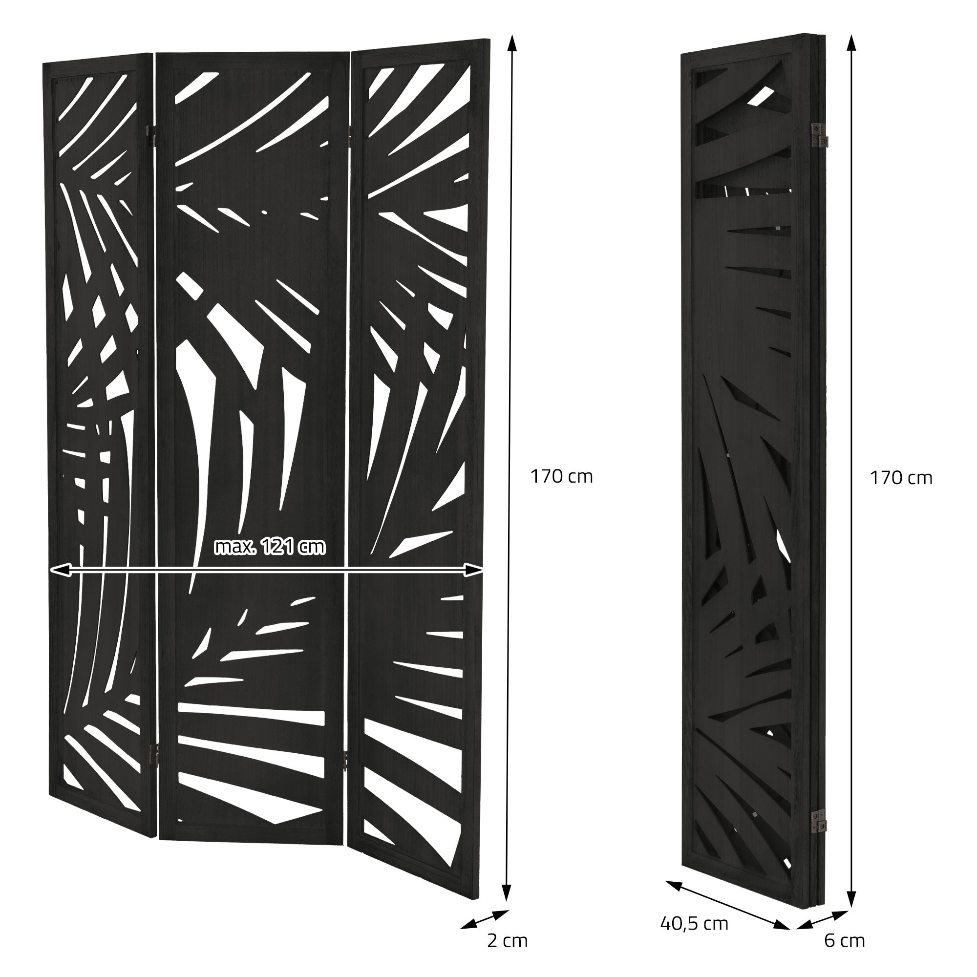 Dreiteiliger Paravent mit schwarzem, durchbrochenem Design und Maßen.