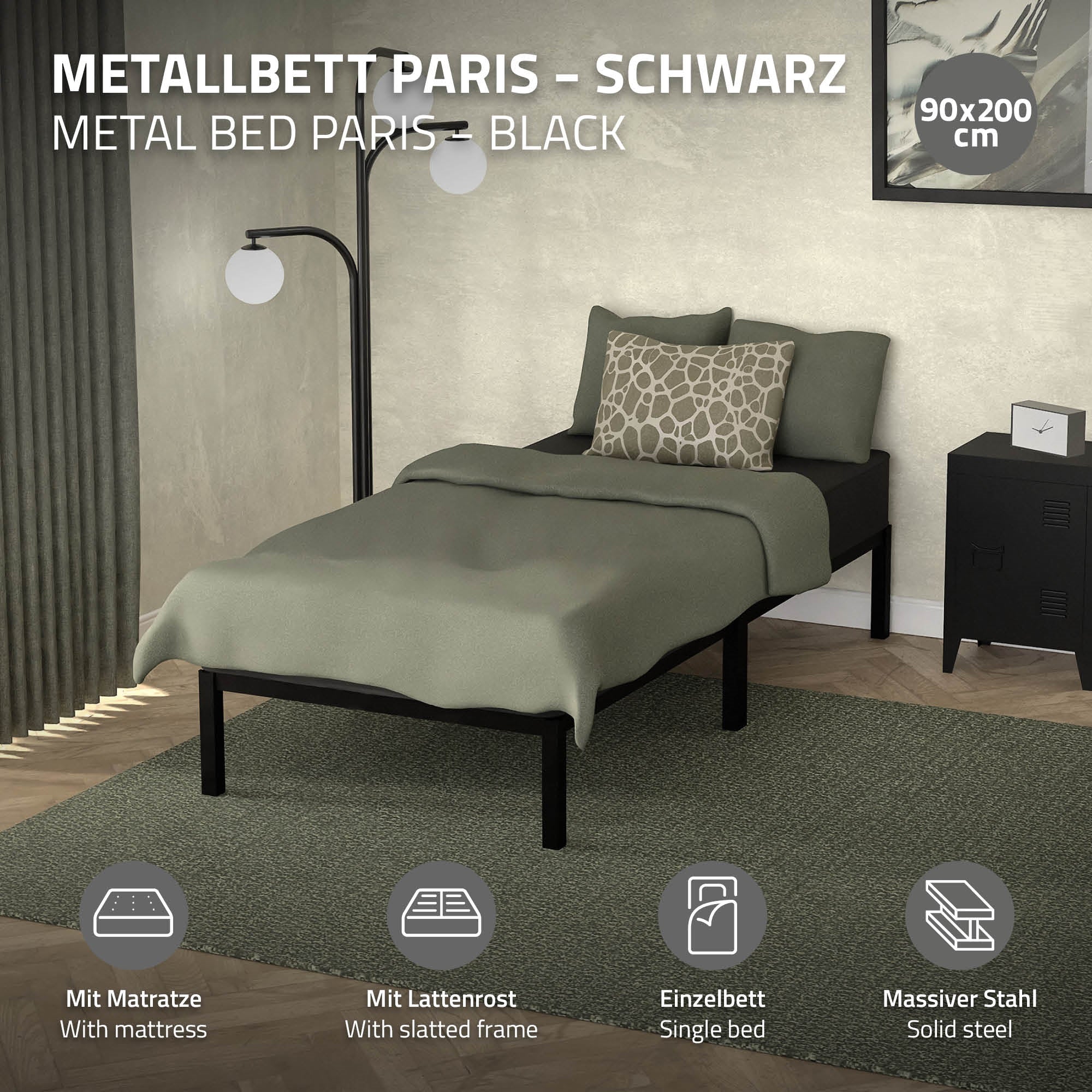 Schwarzes Metallbett mit Matratze und Kissen in einem modernen Raum.