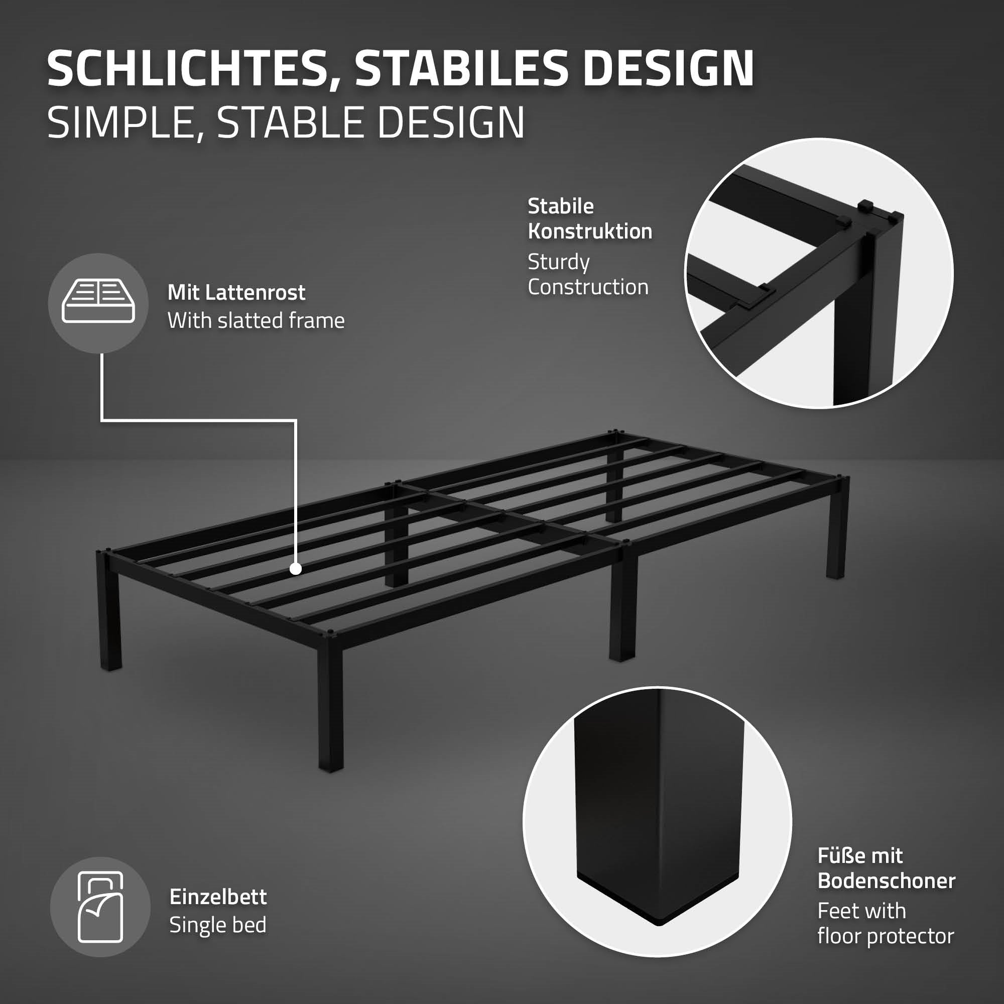Grafik eines stabilen Bettrahmens mit Beschreibung der Konstruktion.