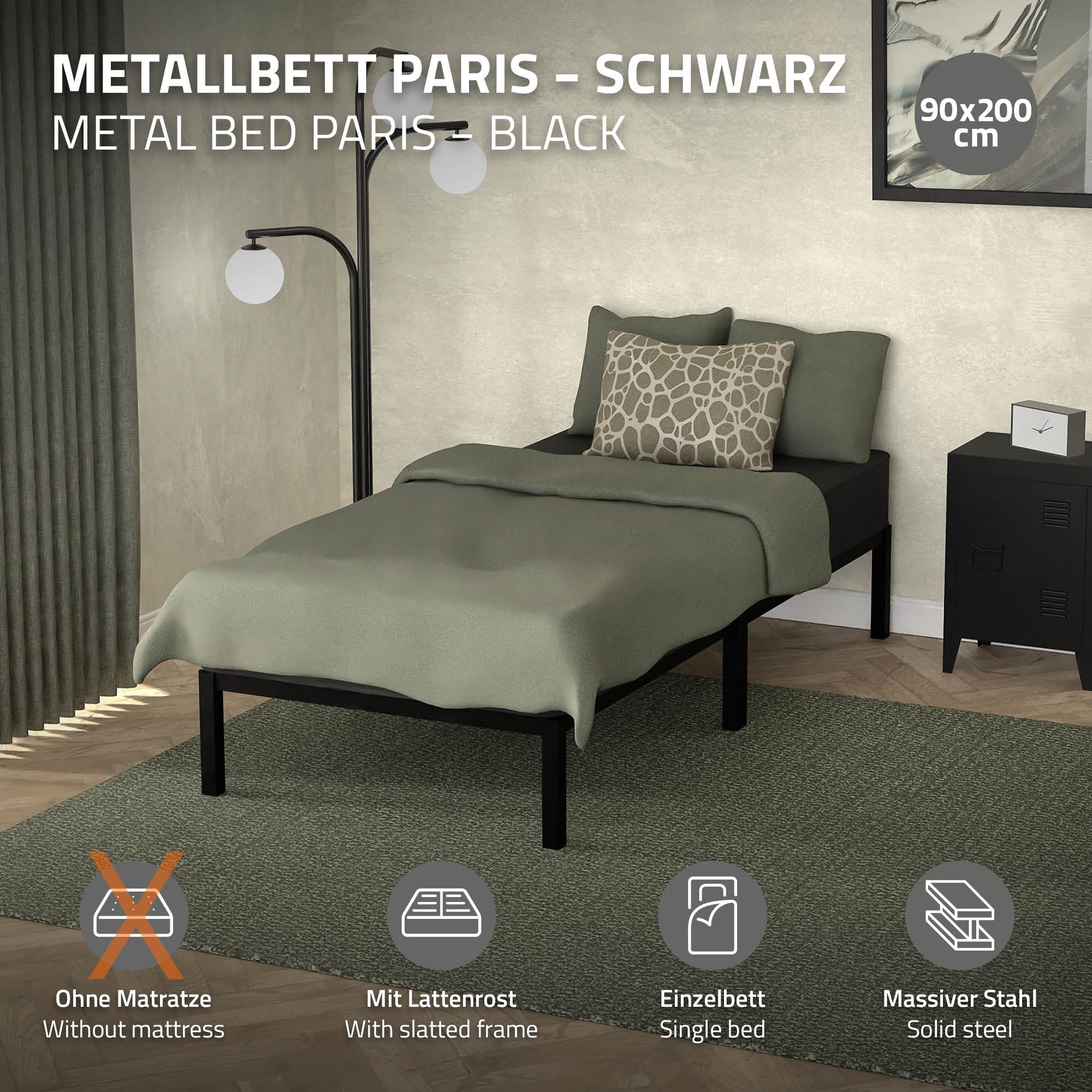 Schwarzes Metallbett mit grauer Bettwäsche in einem modernen Raum.