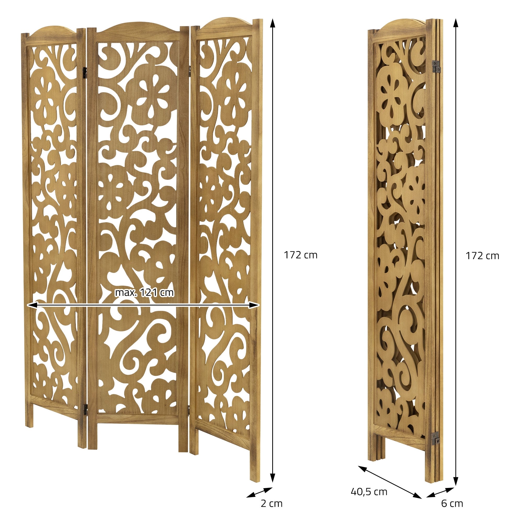 Ein dekorativer Raumteiler aus Holz mit einem floralen Muster und Maßen.