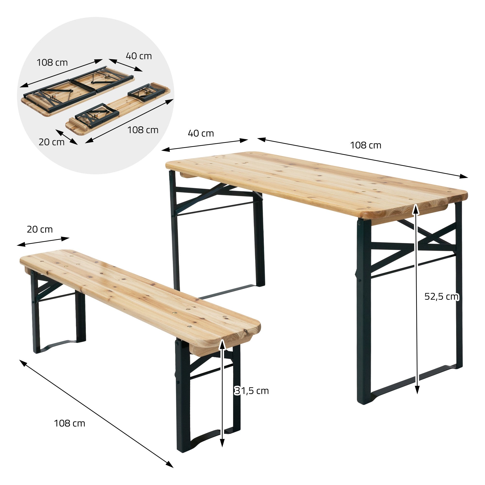 Holztisch und Bank mit Maßangaben, zusammenklappbar.