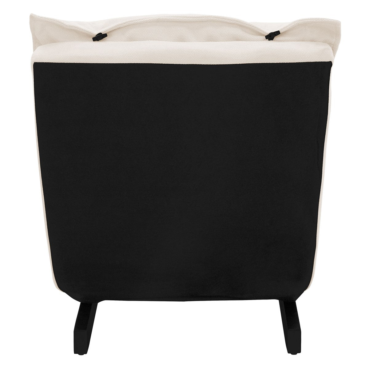 Beige Sessel mit schwarzem Gestell von hinten.