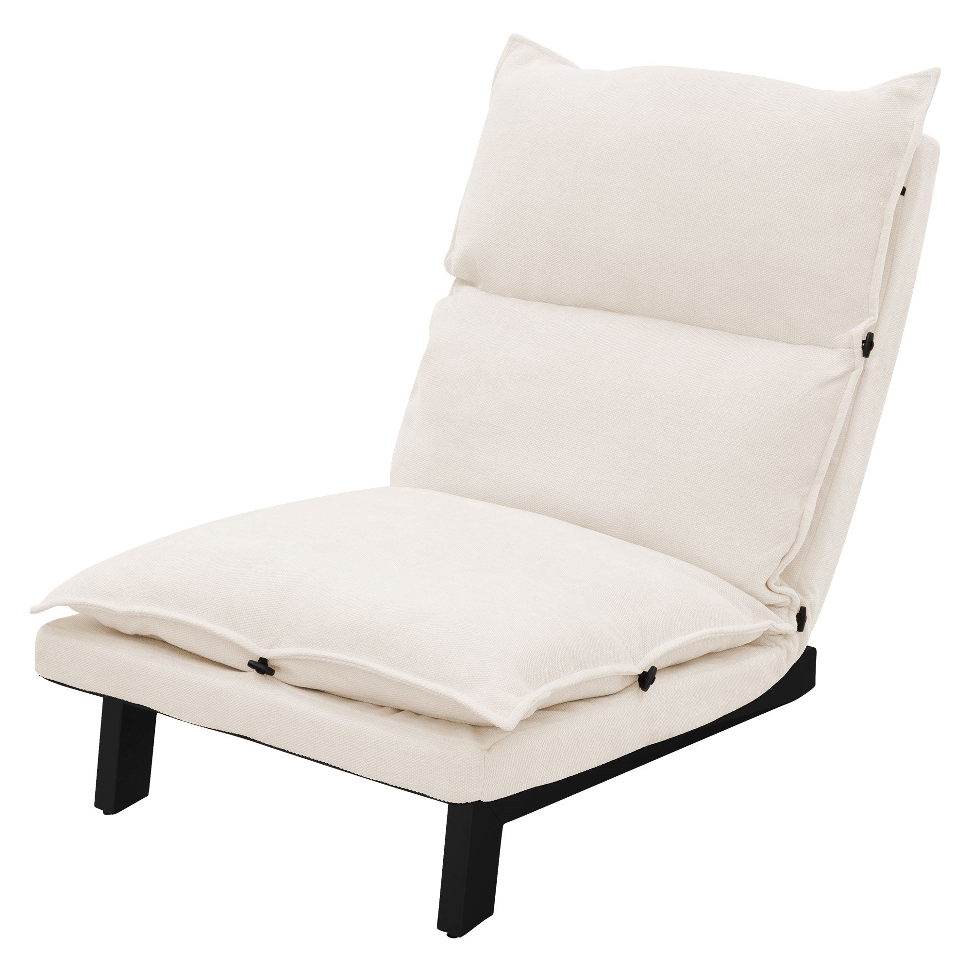 Beige Sessel mit zwei Kissen und schwarzem Gestell von der Seite.
