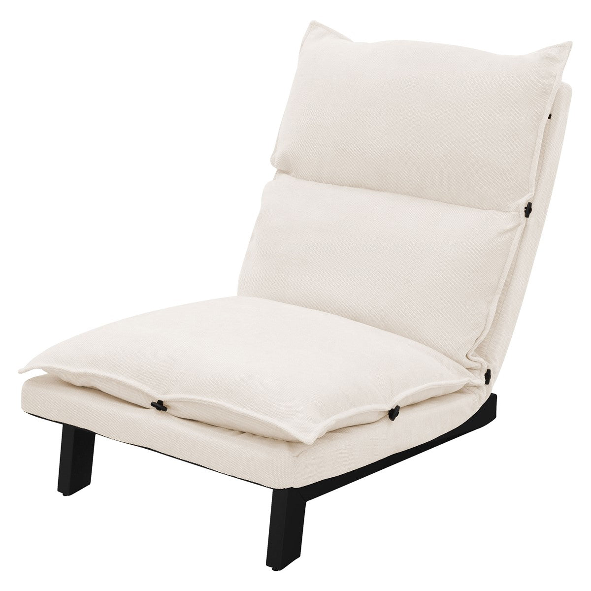 Beige armchair with two cushions and a black frame, viewed from the side.