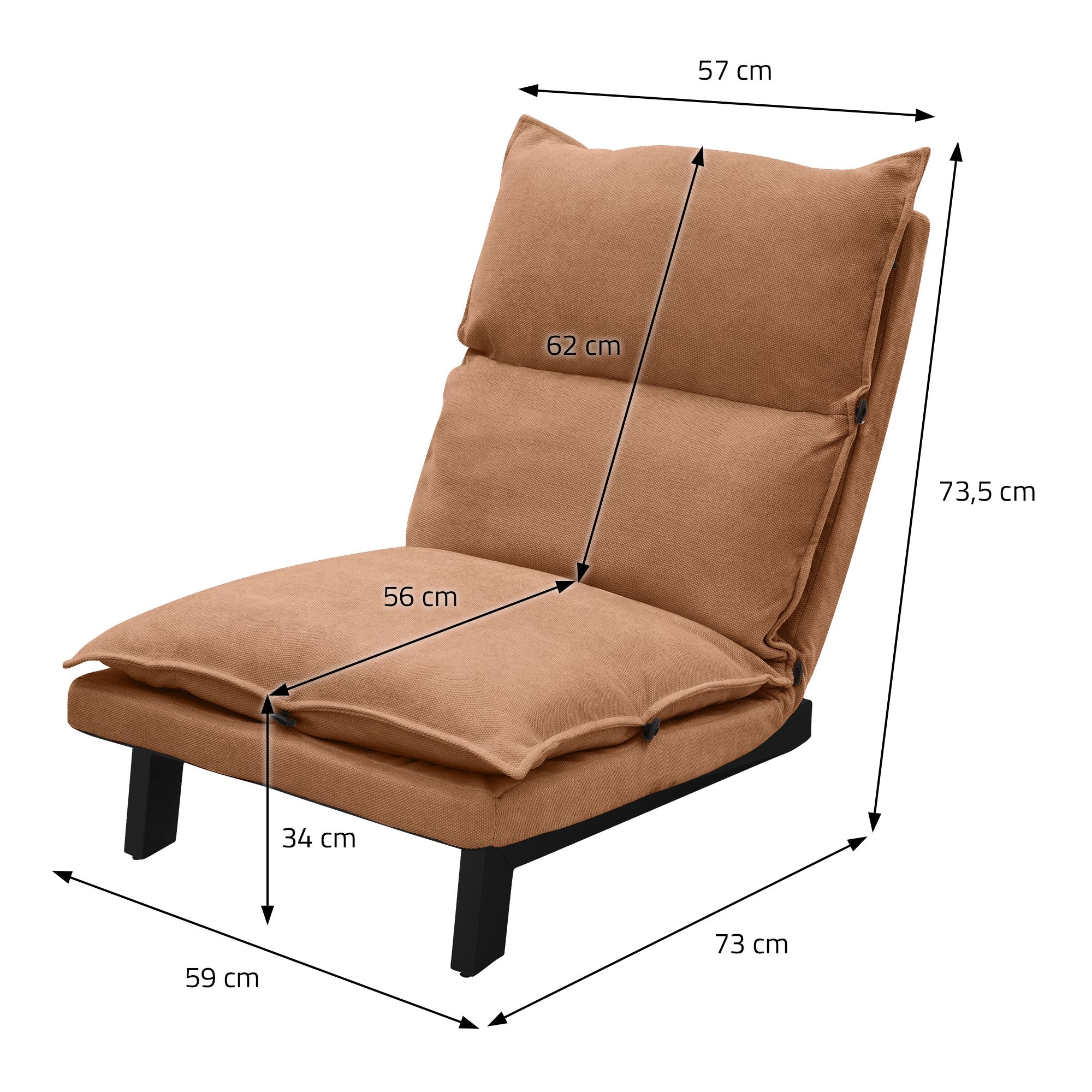 Brown armchair with dimensions: 57 cm width, 73.5 cm height, 73 cm depth.