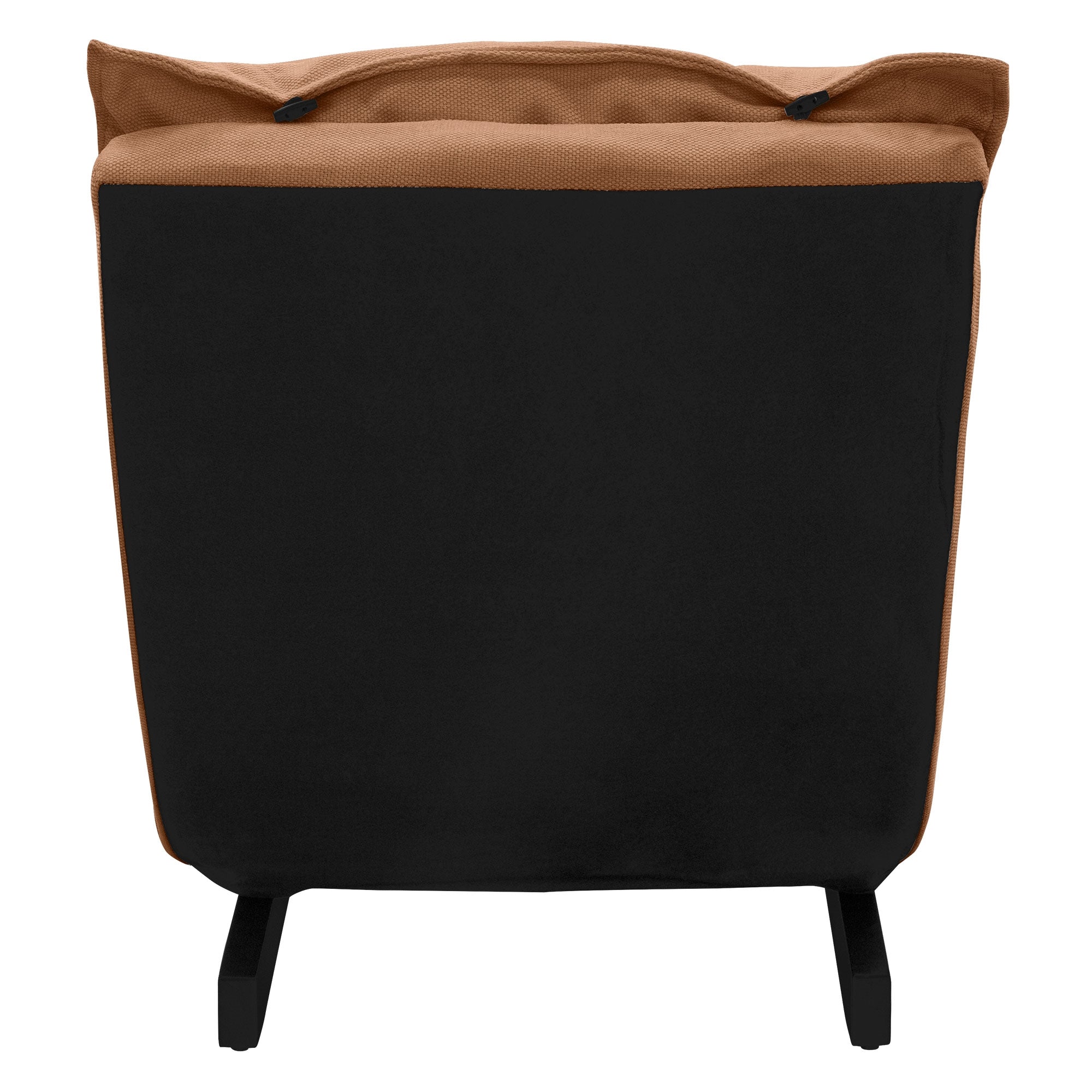 Rear view of a black piece of furniture with brown upholstery and four legs.