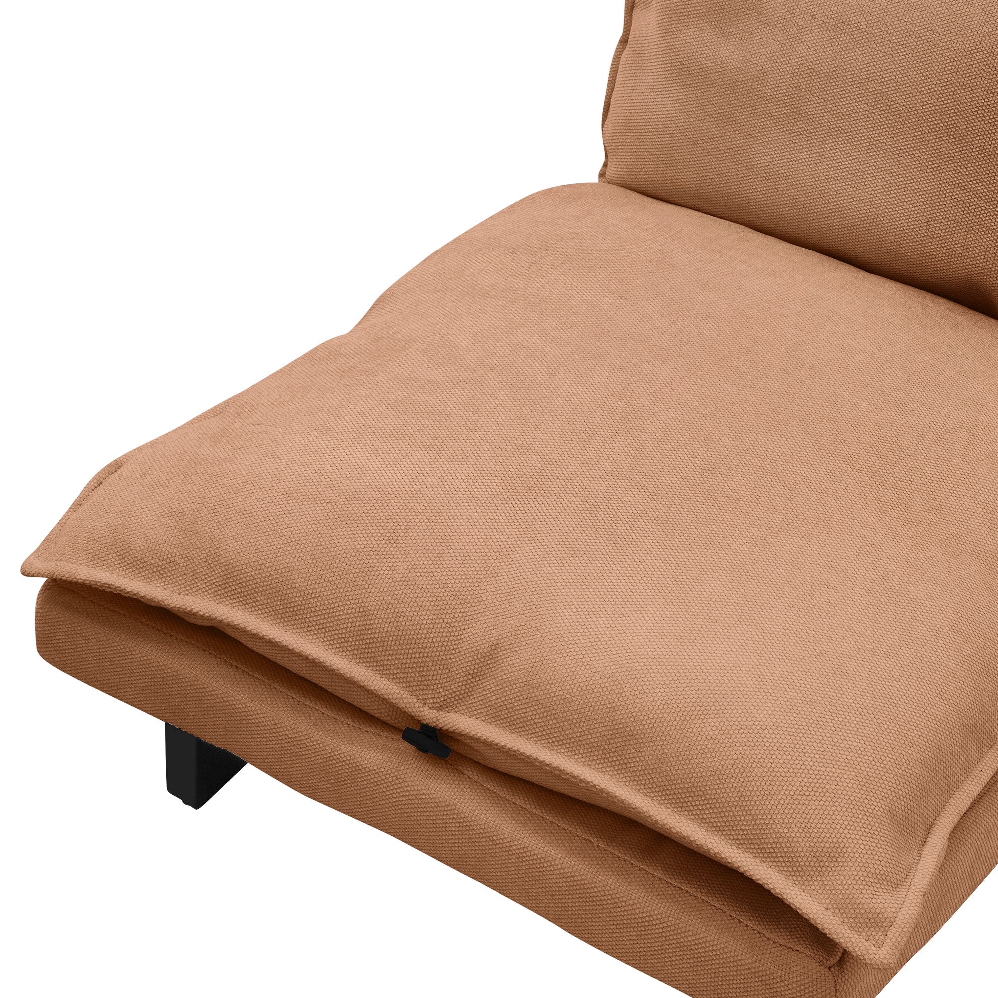 Beige couch with thick cushion on black frame.