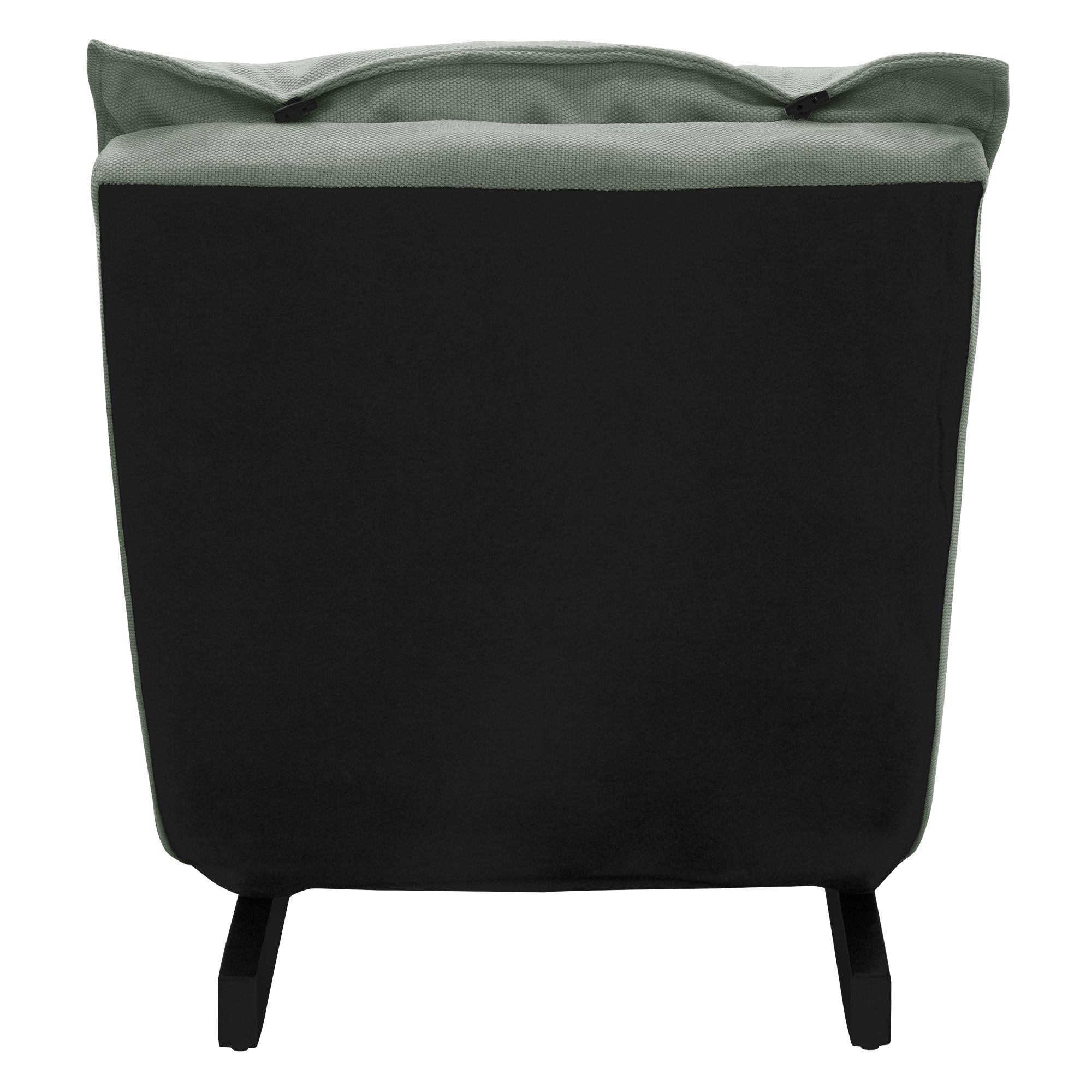 La vista trasera de un sillón con tela negra y gris.