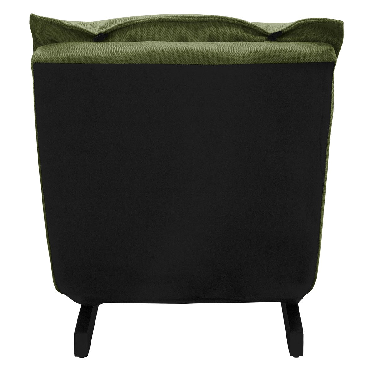 Rear view of a green chair with a black frame.