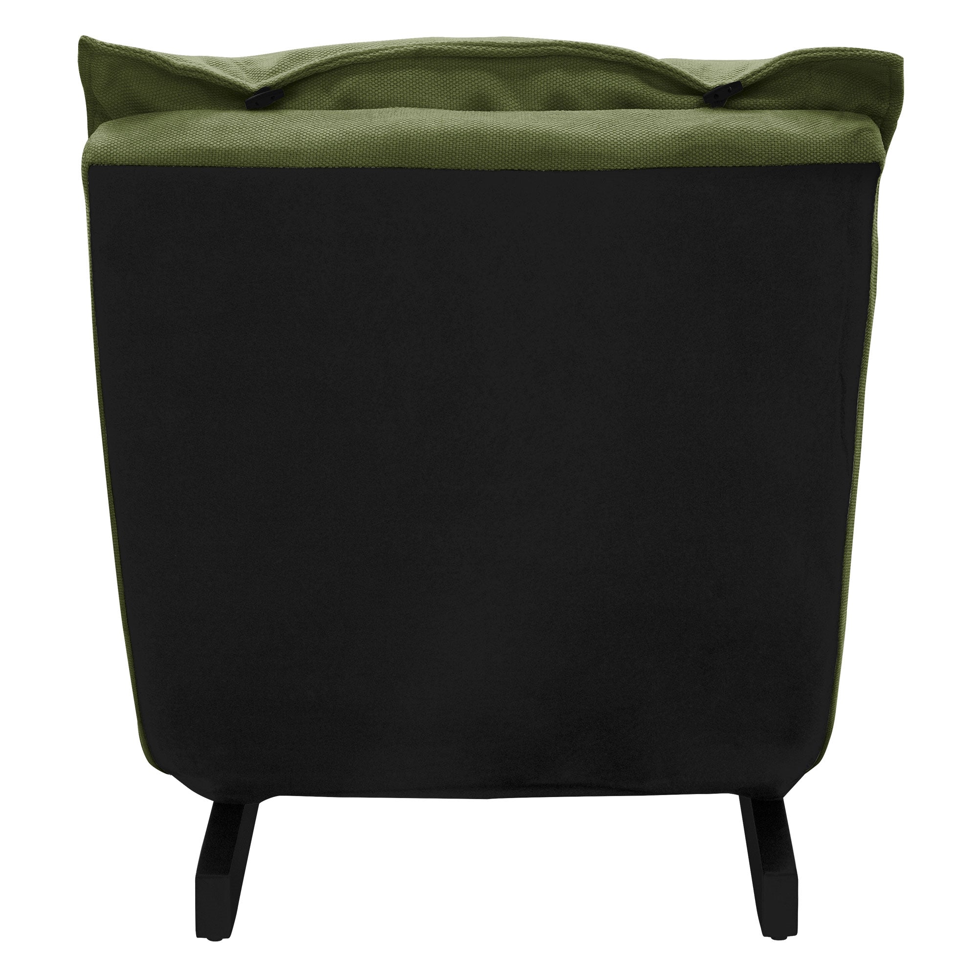 Vista trasera de una silla verde con estructura negra.