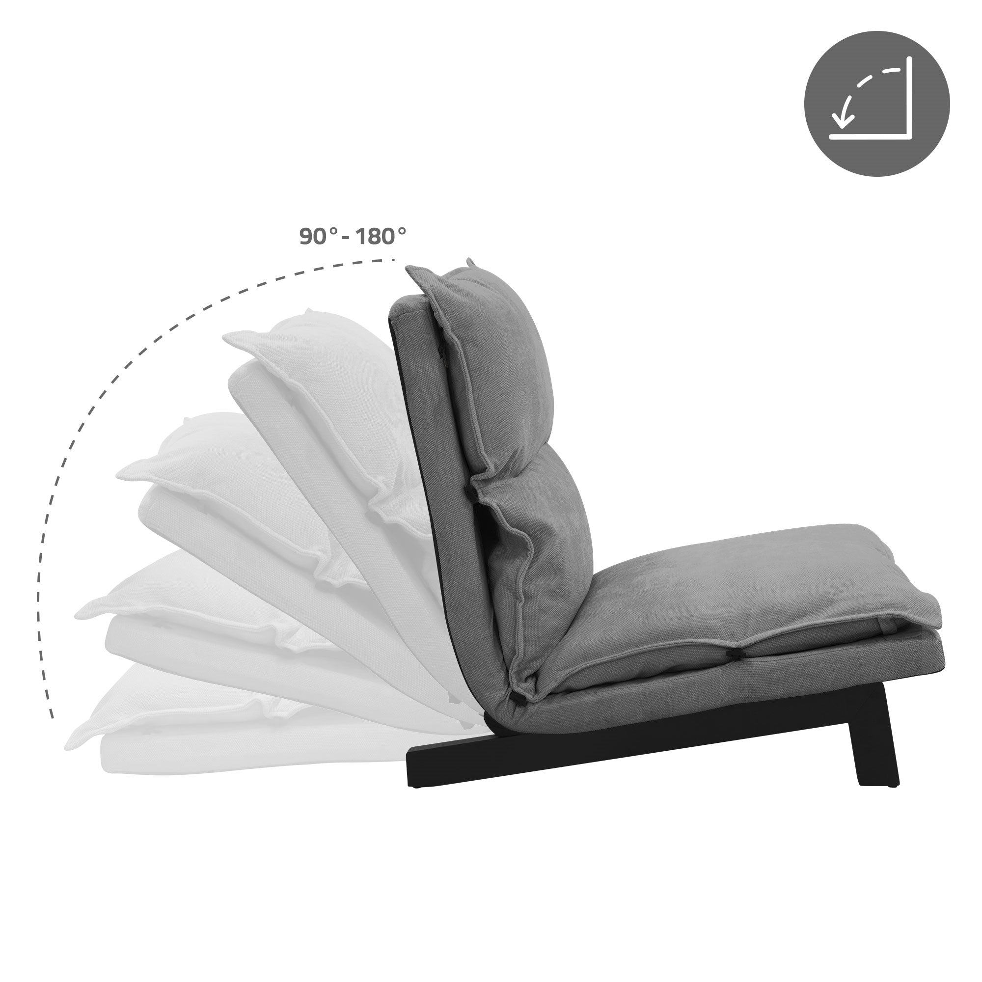 Sillón gris con respaldo ajustable en diferentes posiciones.