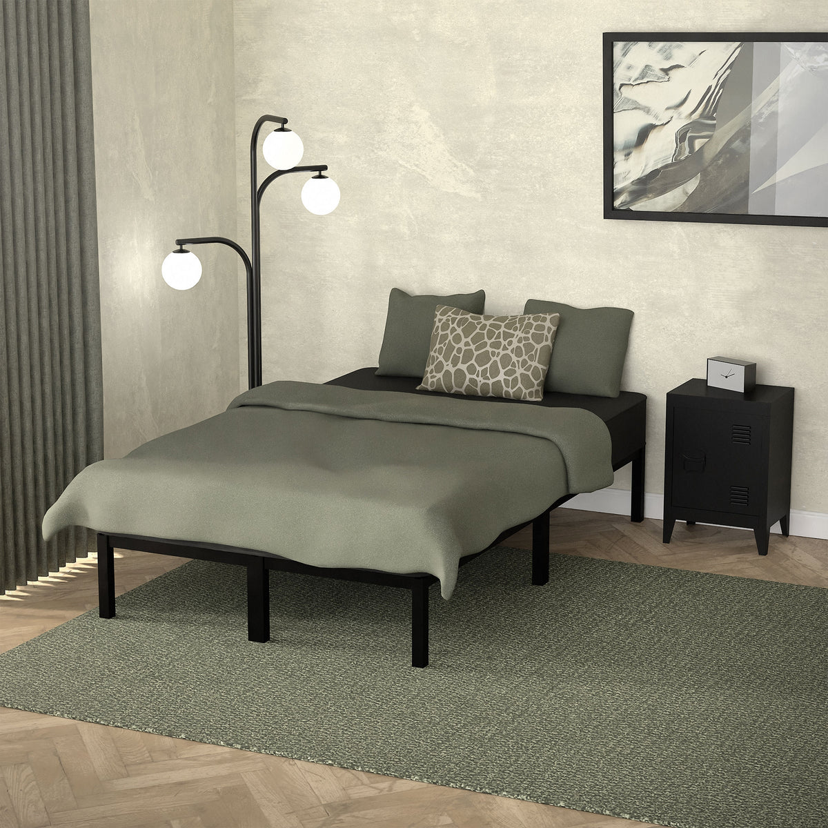 Een modern slaapkamer met een bed, een lamp en een nachttafel.