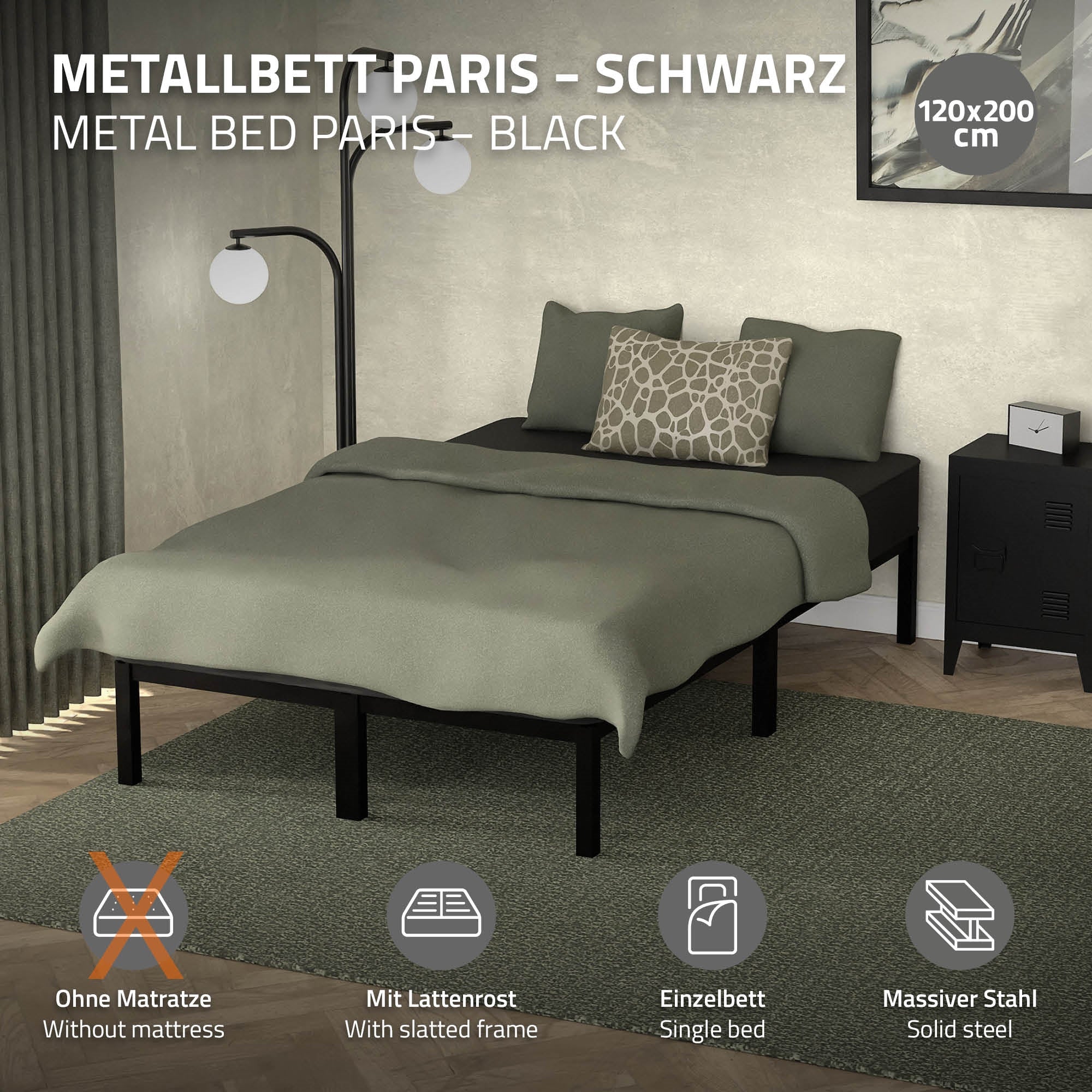 Schwarzes Metallbett ohne Matratze, mit Lattensystem.