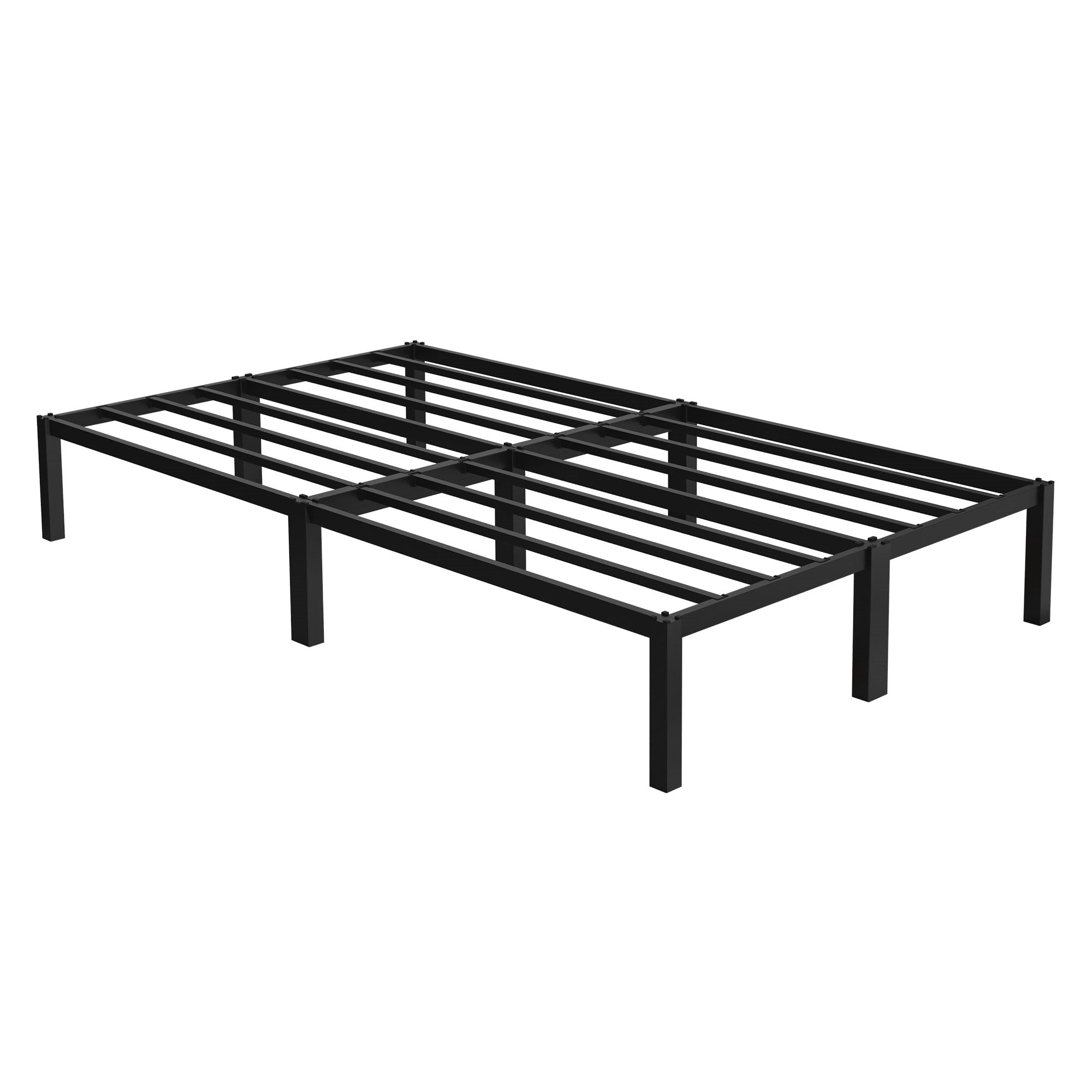 Schwarzes Bettgestell mit sichtbaren Metallstreben und vier stabilen Beinen.