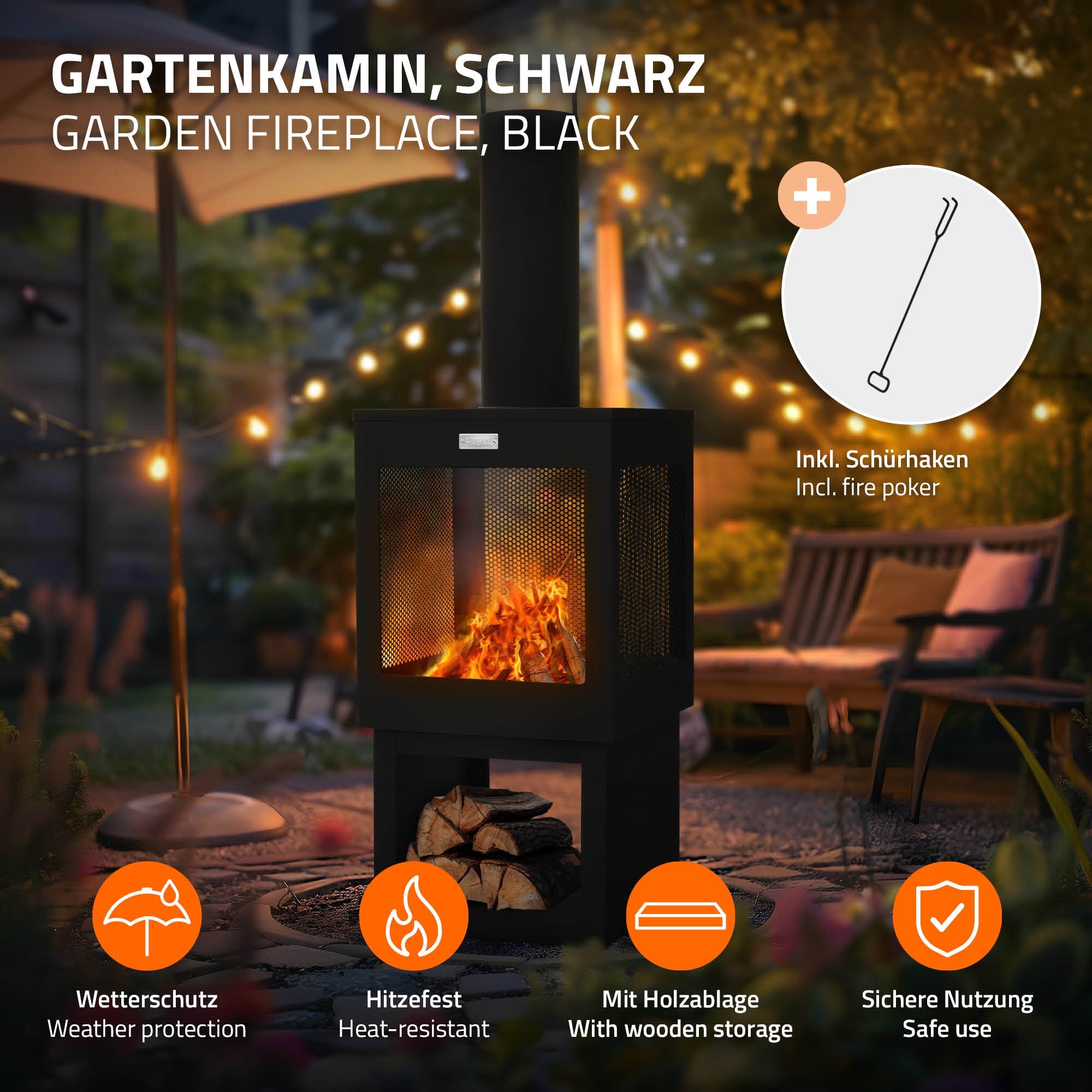 Ein schwarzer Gartenkamin mit Feuer, Holzlager und Sicherheitsinformationen.