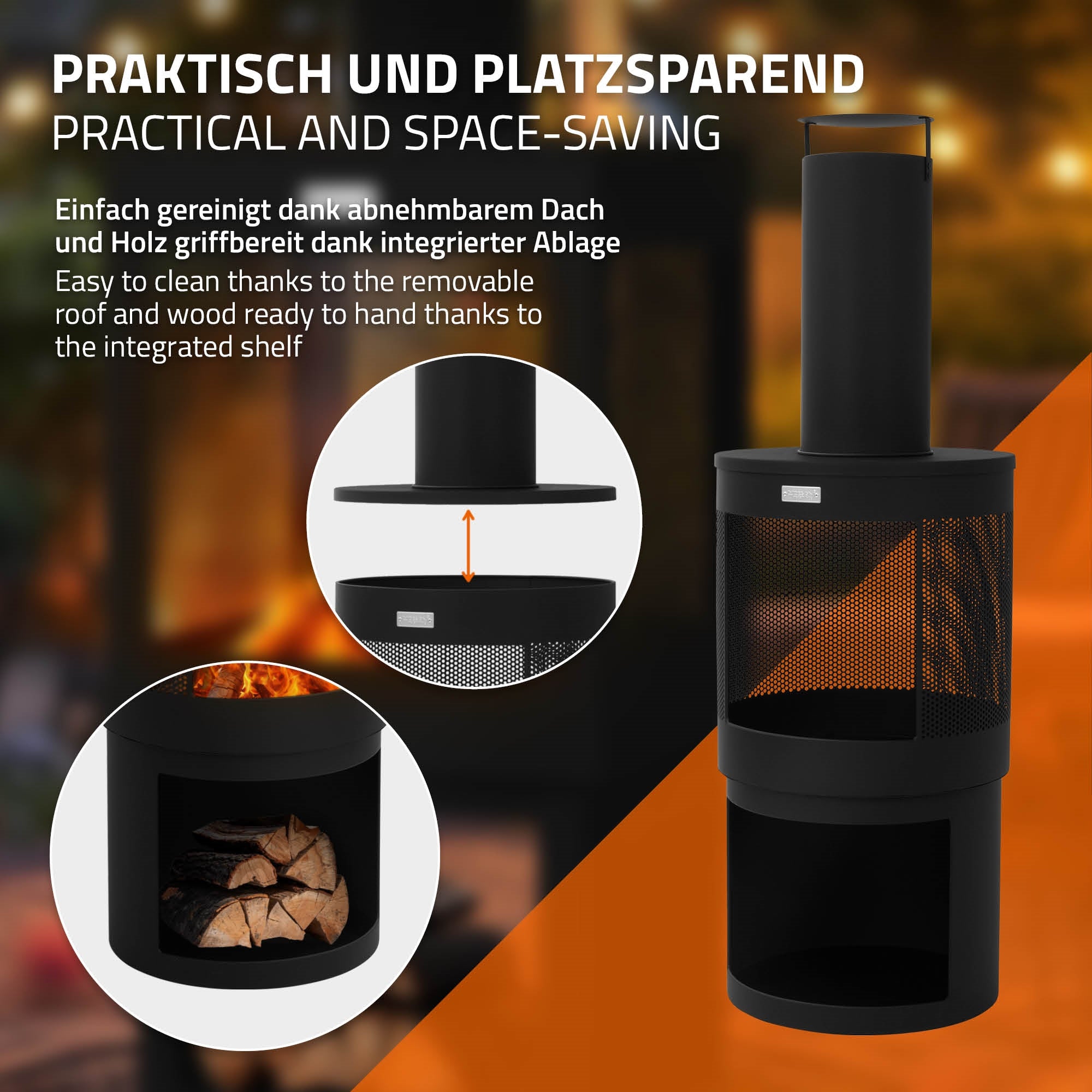 Praktischer Kamin mit abnehmbarem Dach und Holzablage.