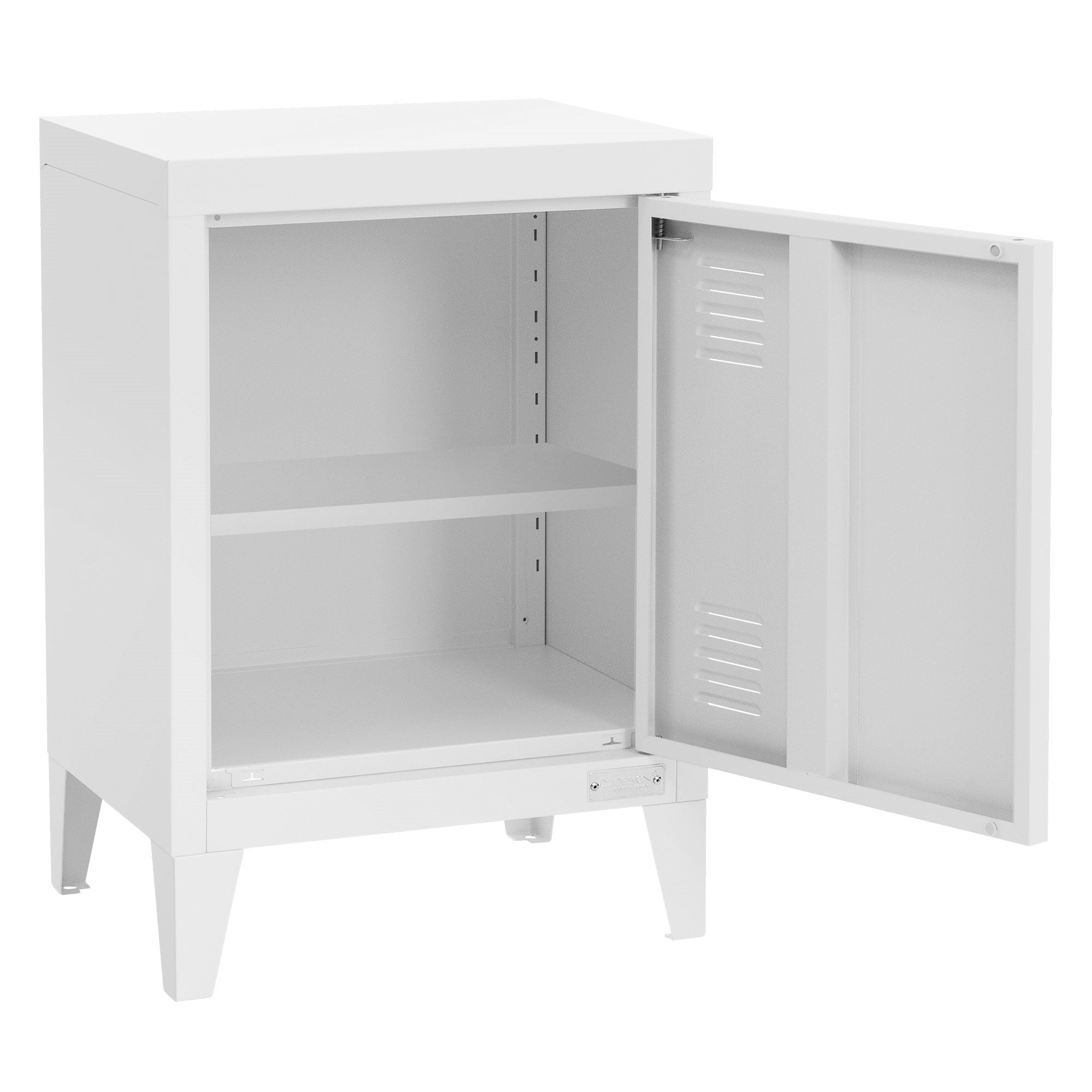 Weißer Nachtschrank mit offenem Fach und Schublade, auf vier Beinen stehend.